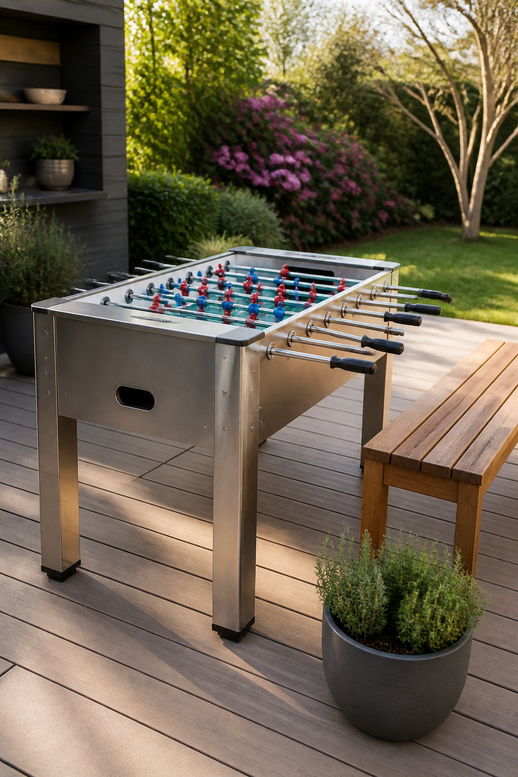 Outdoor foosball table with chrome-plated rods and laminated wood cabinet.
