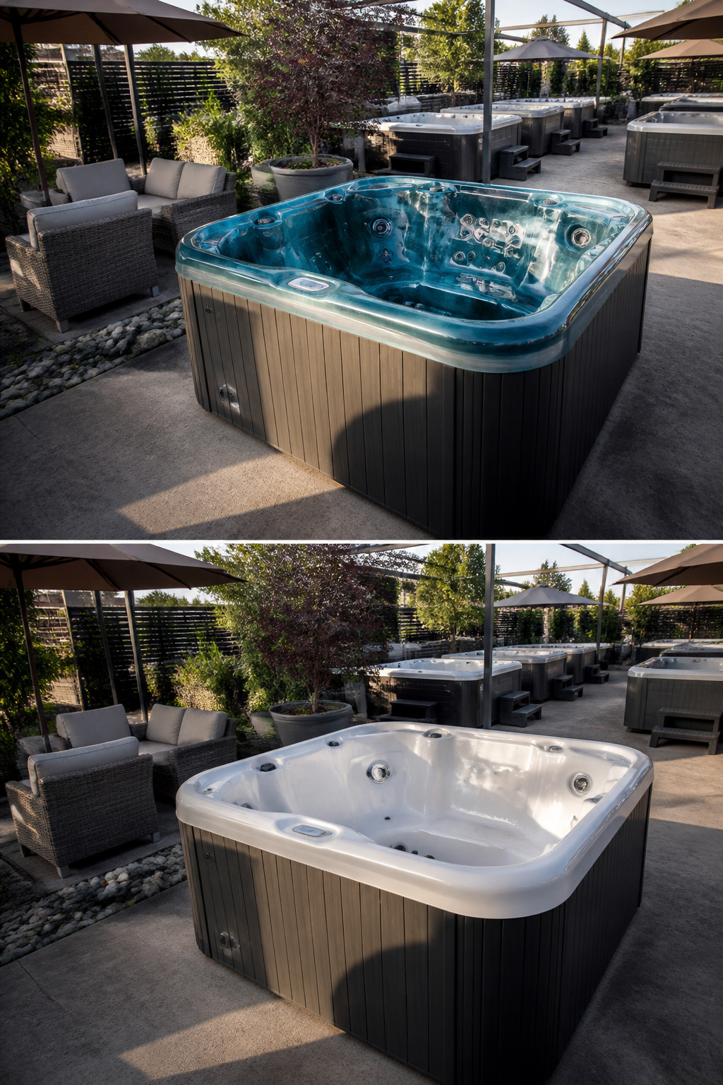 Outdoor Living Hot Tubs: 7 Brands and Styles for Your Backyard 3 Discounted hot tubs displayed at Aqua Living Factory Outlet.