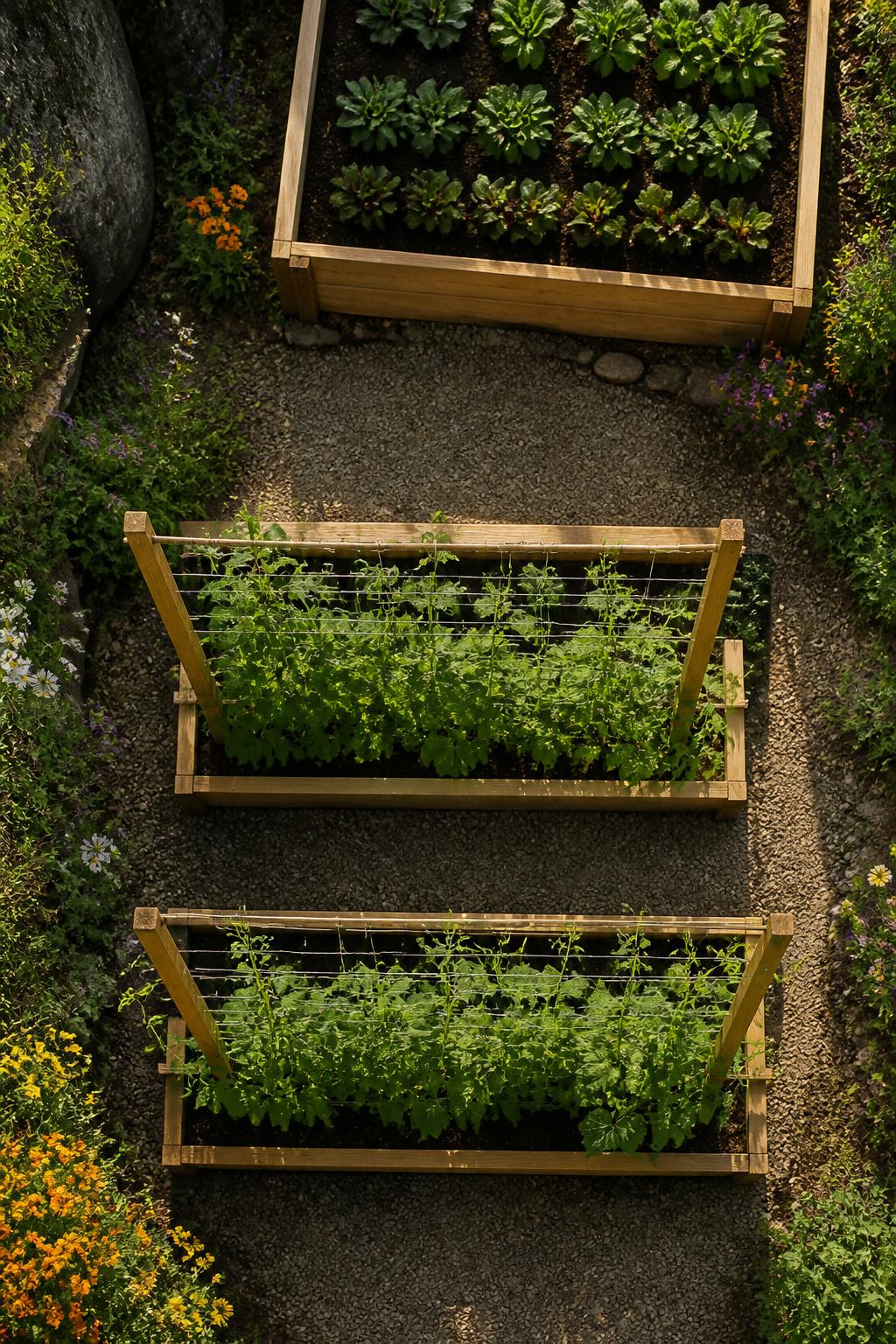 Three raised garden beds arranged in an L shape on uneven ground.