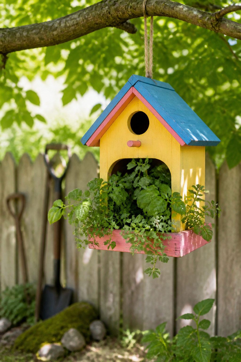 12 Yard Decorations DIY Projects for 2026 3 A birdhouse converted into a planter with herbs growing inside.