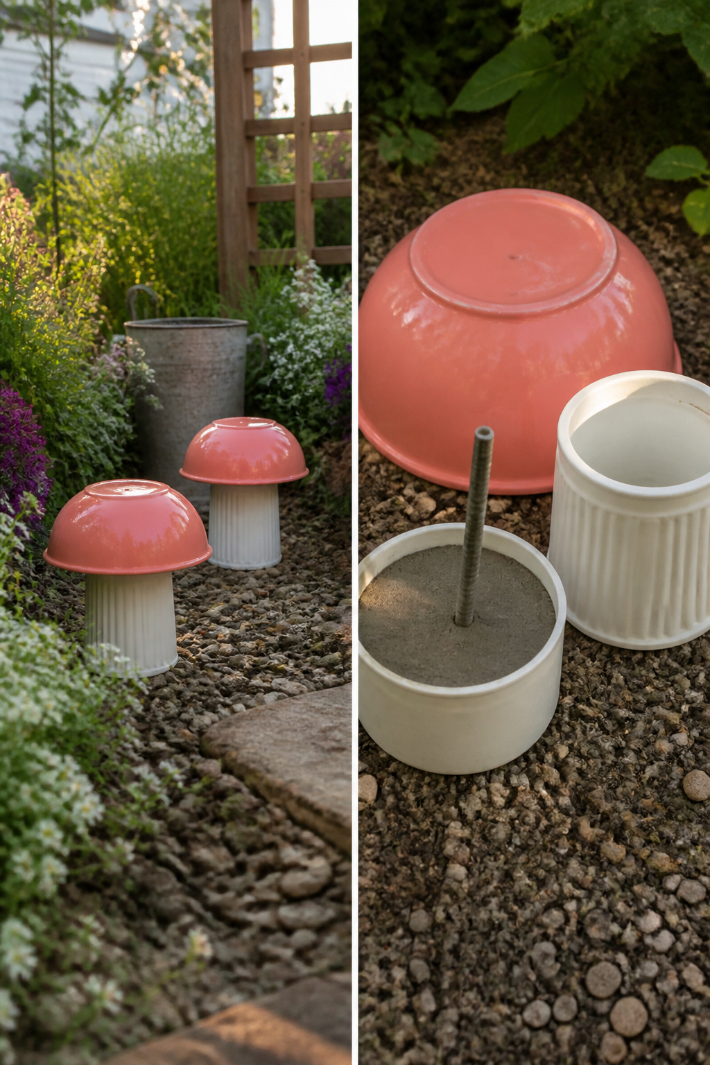 Colorful plastic dishes arranged to resemble mushrooms.