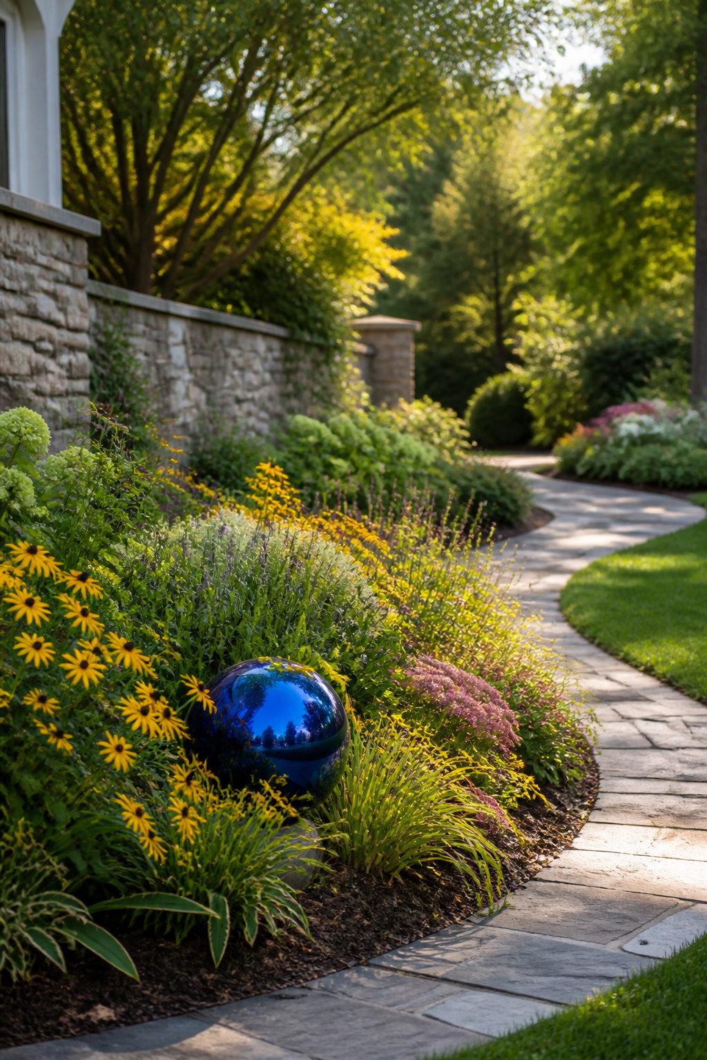 Gazing Ball Garden Ideas: Styles, Placement and DIY Options (2026) 3 Gazing ball placed among flowers in a garden.