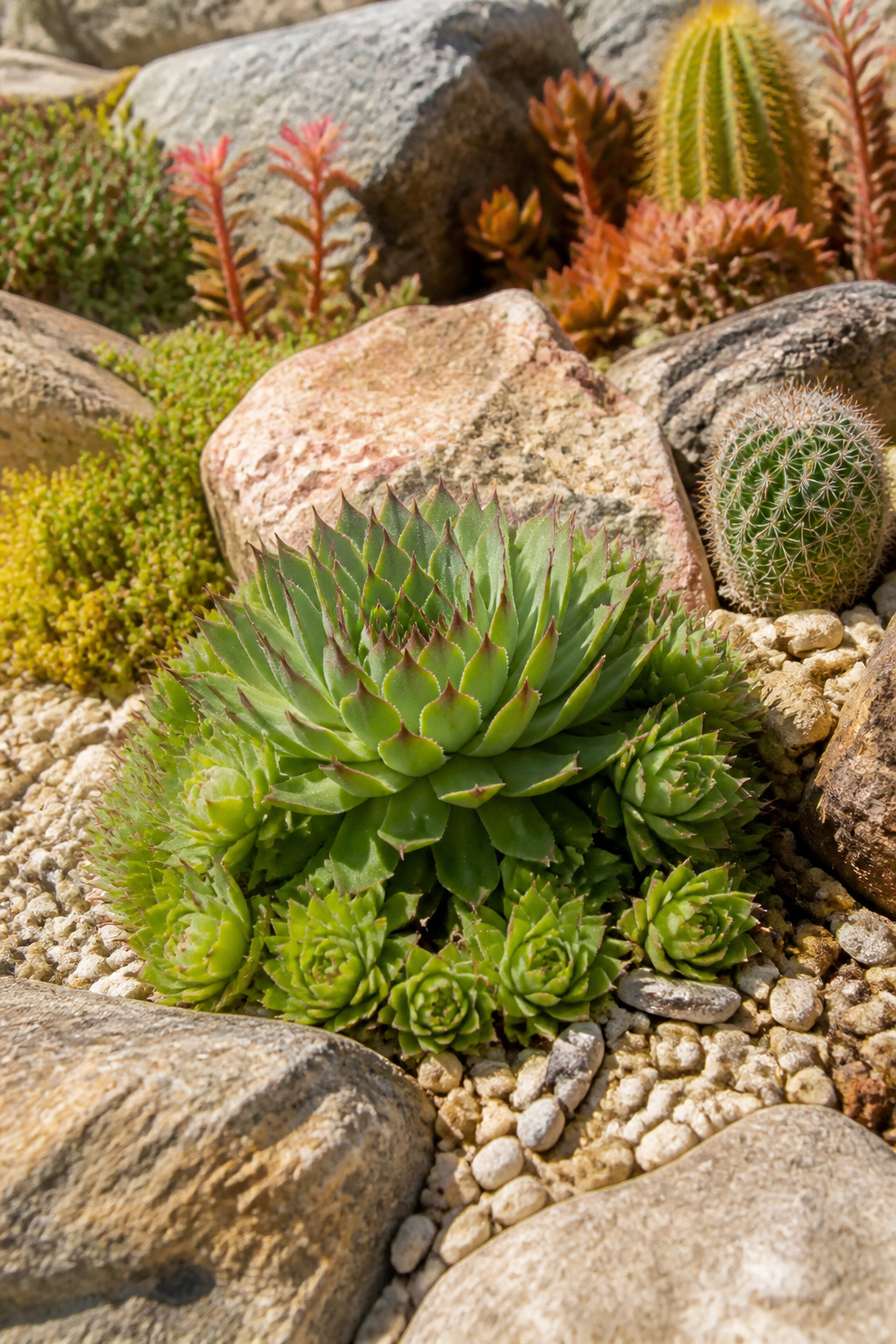Rock garden with various cacti and succulents.