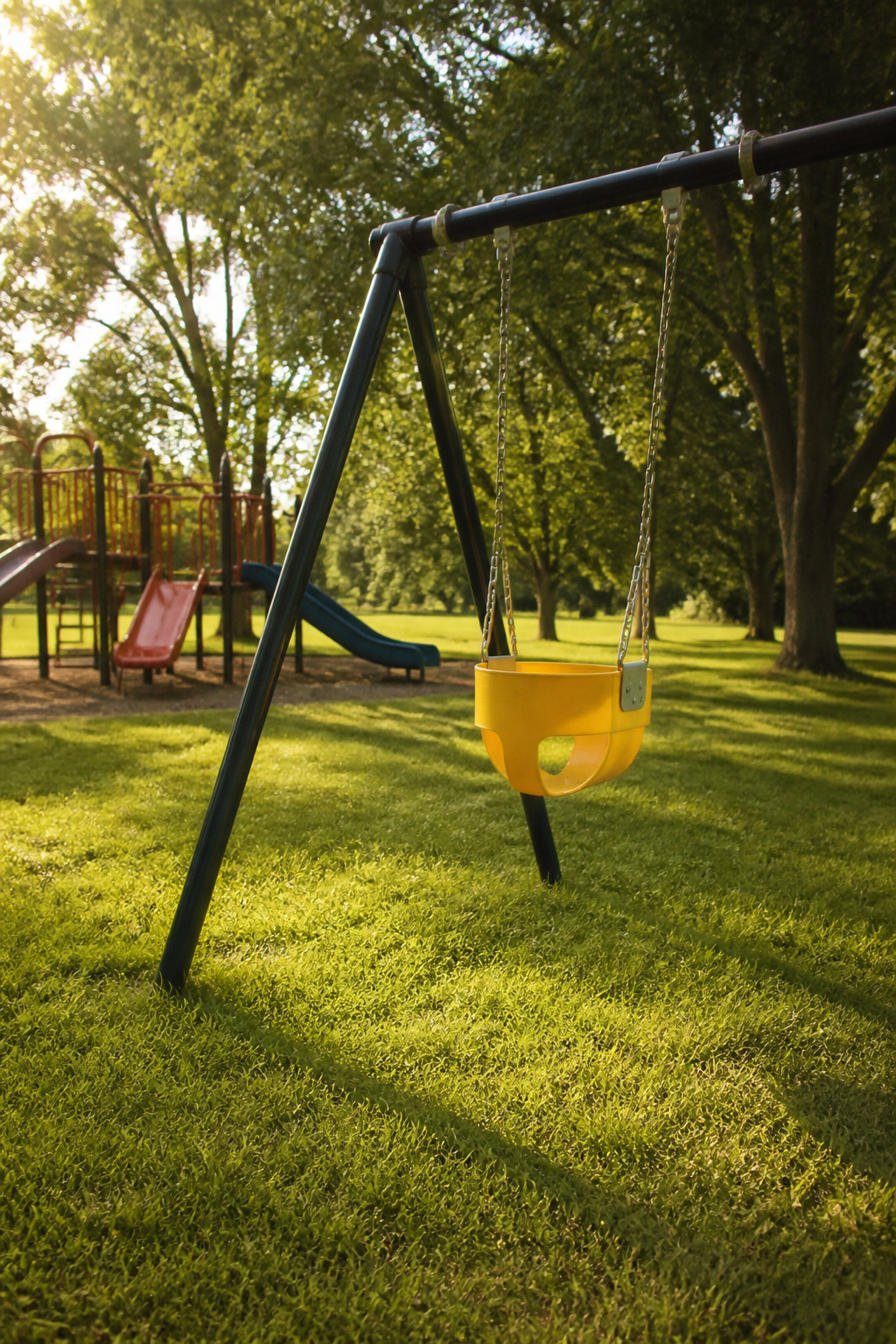 20 Outdoor Kids Play Area Ideas for Backyards in 2026 3 A bucket swing secured to an A-frame structure in a grassy yard.