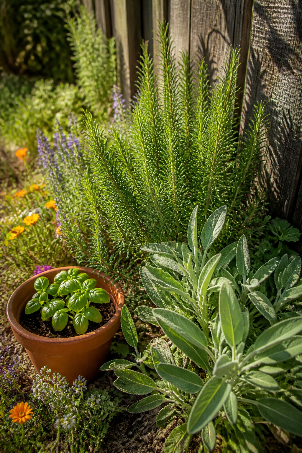 Zone 8 Gardening Guide: Vegetables, Herbs, Flowers, Fruits, Perennials & Care 3 Rosemary and sage plants growing in a sunny garden.