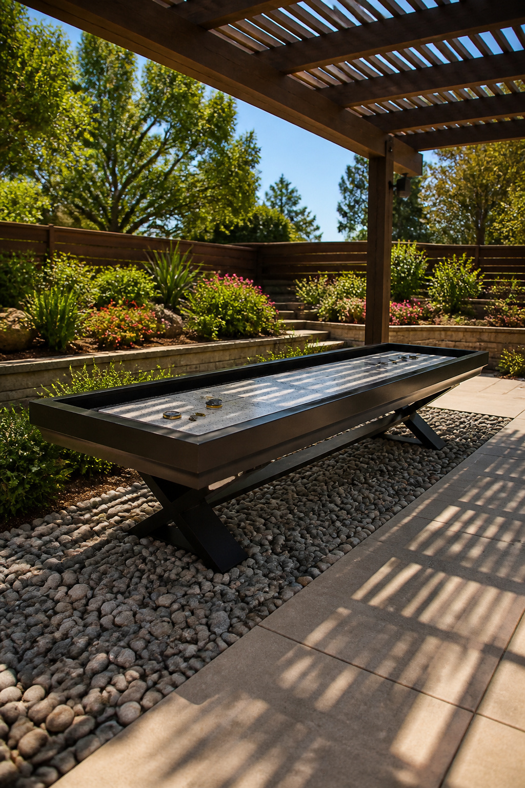 Shuffleboard table made from polymer materials on an outdoor patio.