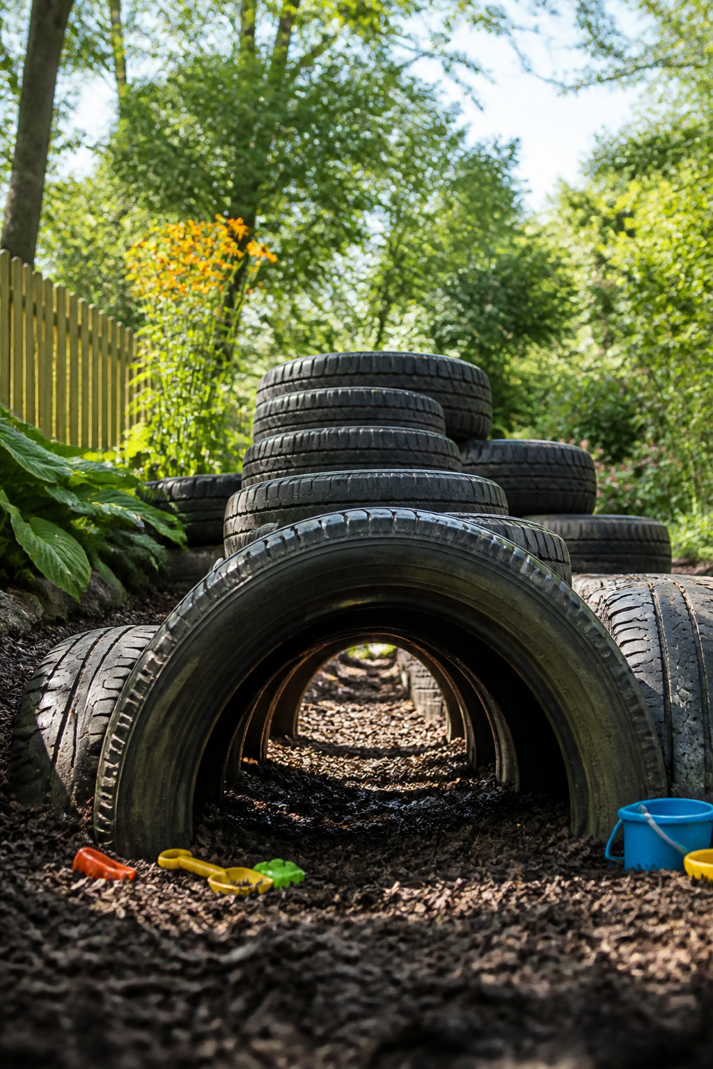 20 Outdoor Kids Play Area Ideas for Backyards in 2026 4 Used tires arranged as a climbing structure in a backyard.