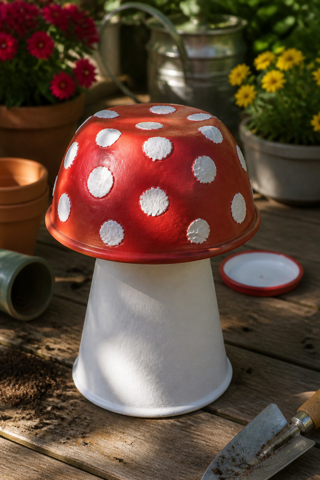 Terra cotta pots and plates painted in various colors to look like mushrooms.