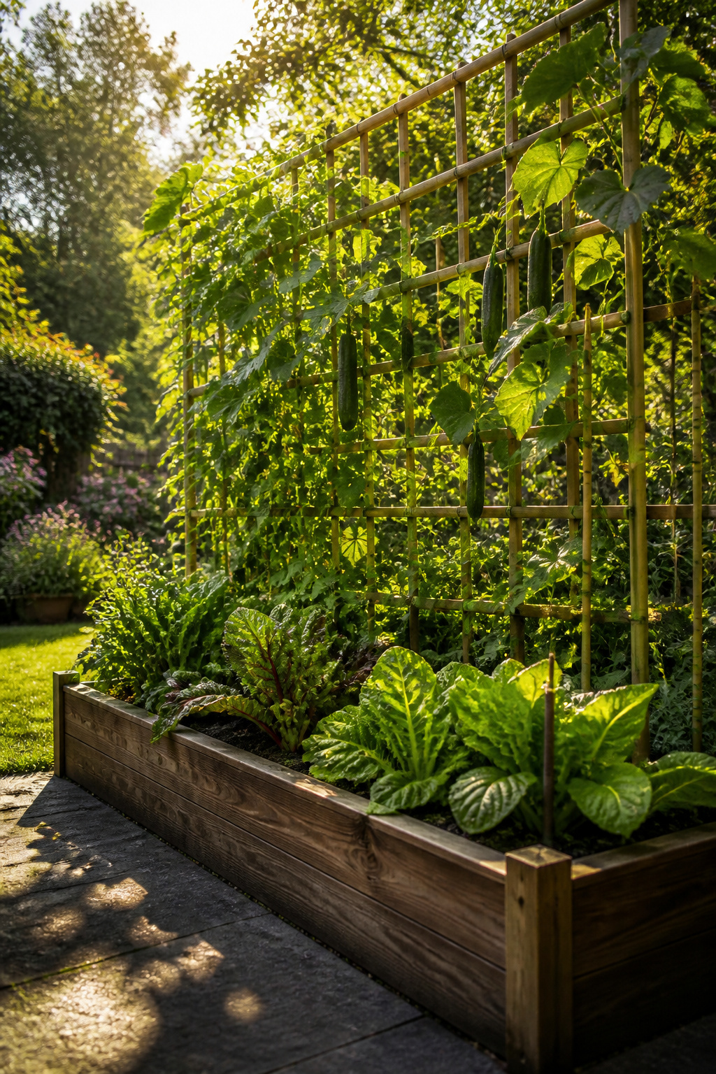 A trellis supporting climbing plants in a vegetable garden.