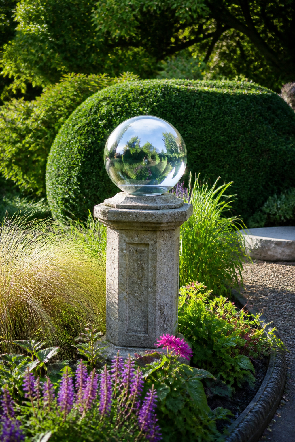 Gazing Ball Garden Ideas: Styles, Placement and DIY Options (2026) 4 A Venetian glass gazing ball on a pedestal surrounded by flowers.
