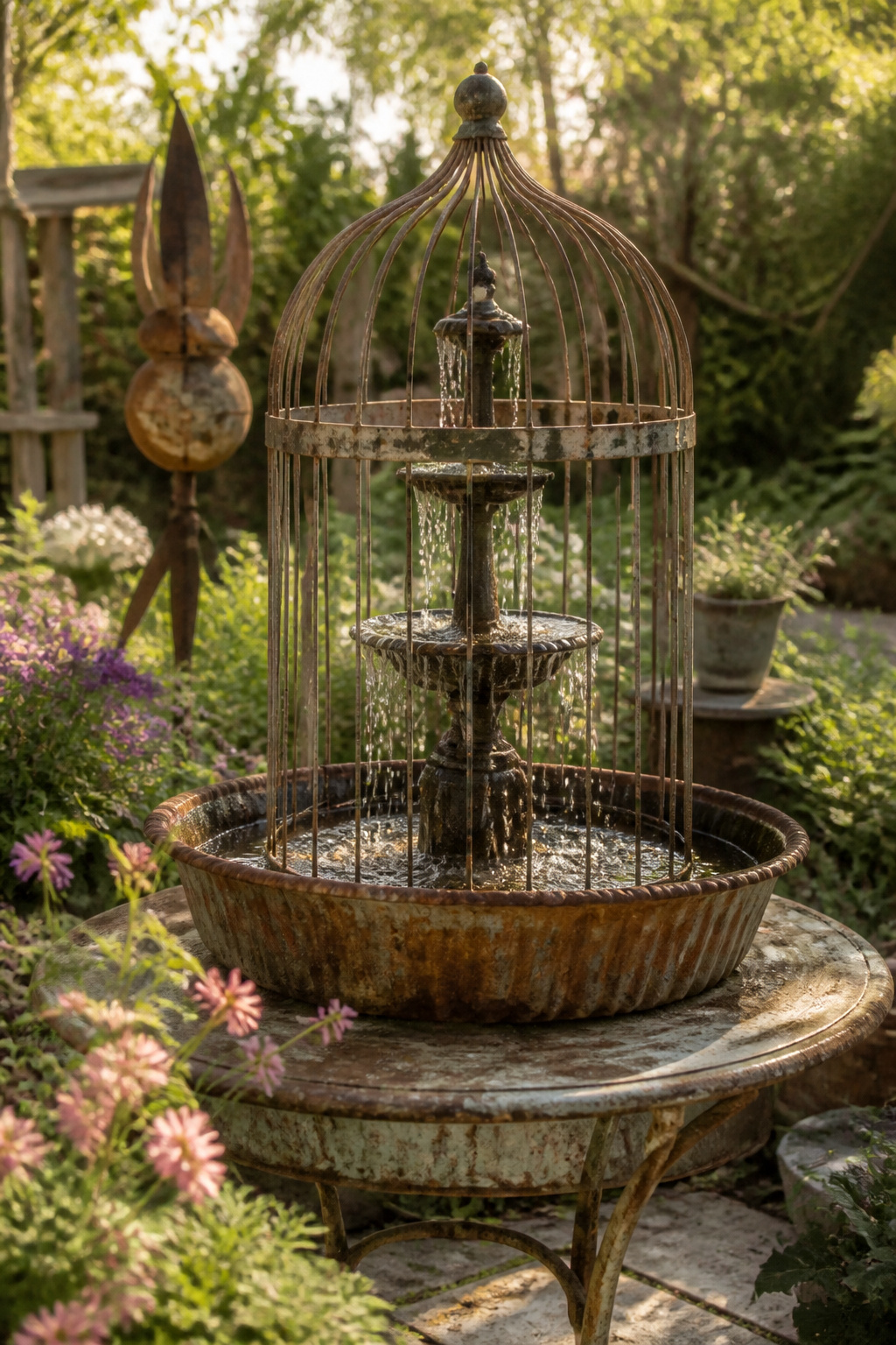 9 Whimsical Garden Ideas: Texture, Color, Light & Art for 2026 4 A birdcage fountain made from a wire cage and a trough.