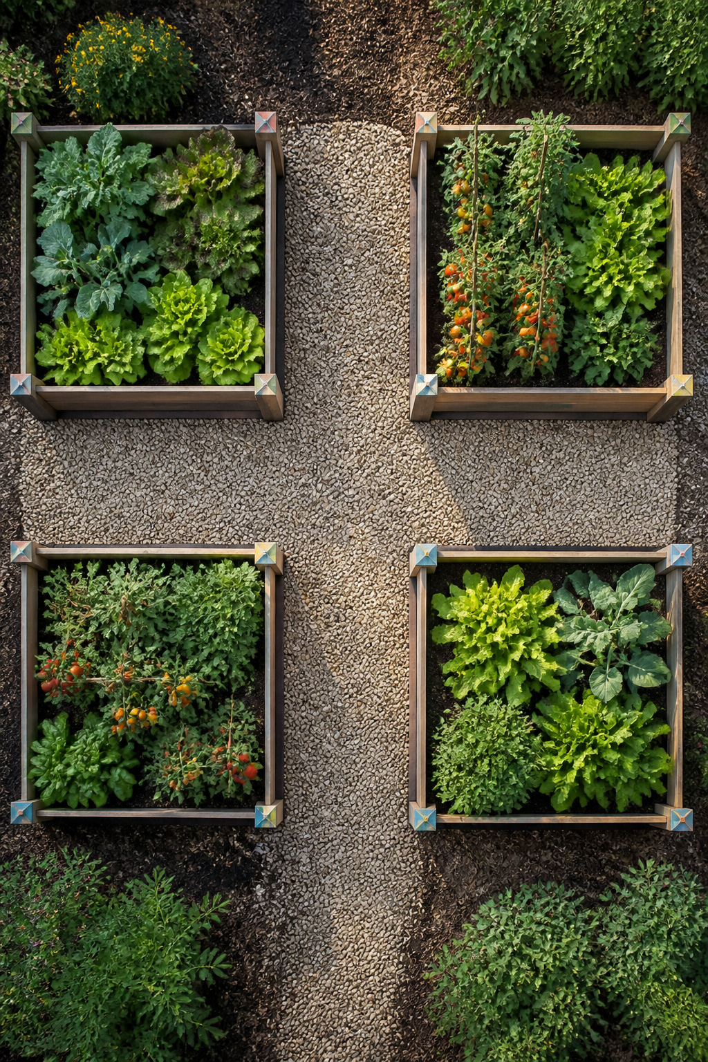 Four equal raised garden beds arranged with paths crossing between them.