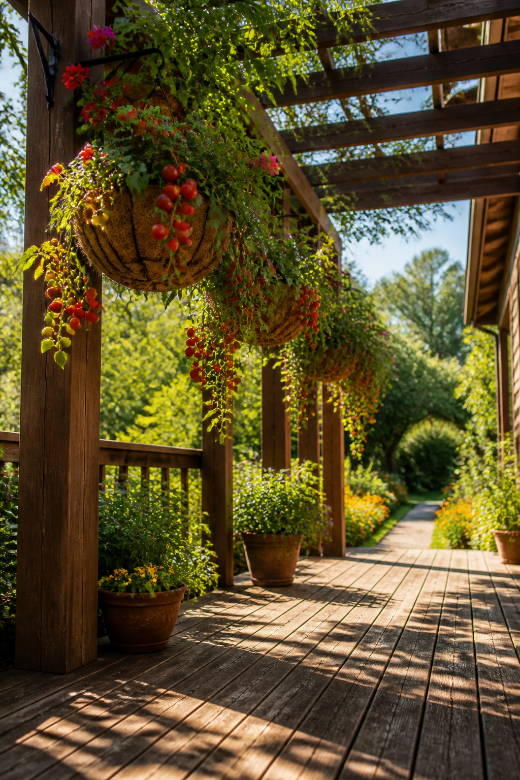 A hanging basket with cherry tomatoes, demonstrating space-efficient gardening.