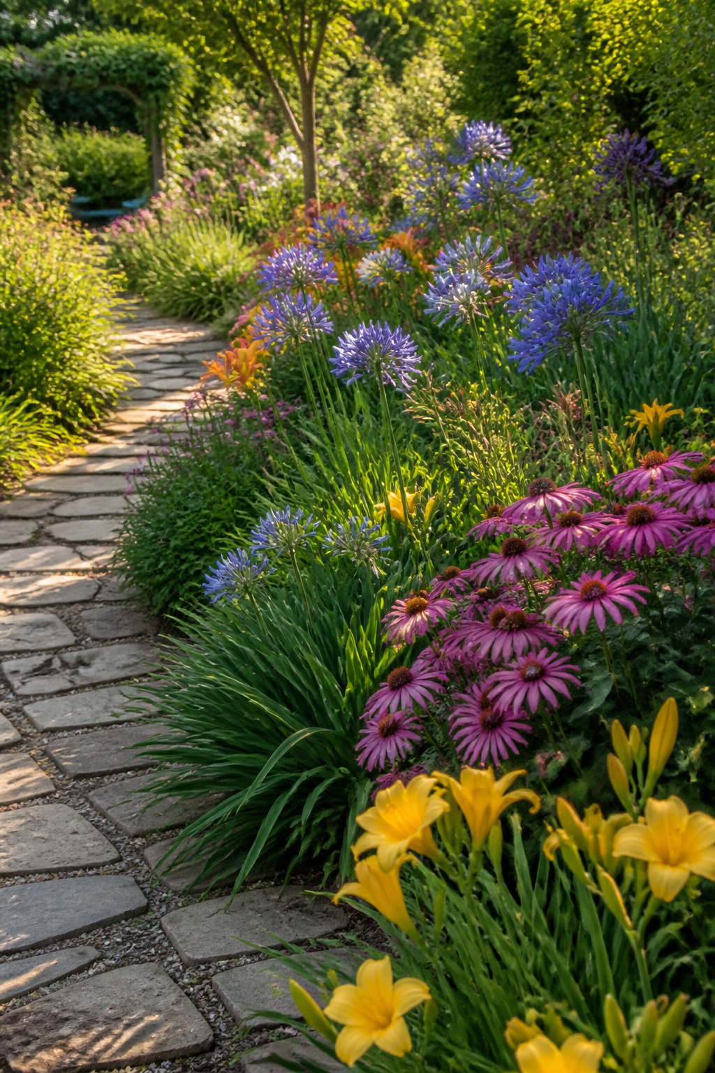 Zone 8 Gardening Guide: Vegetables, Herbs, Flowers, Fruits, Perennials & Care 4 Blooming agapanthus, daylilies, and coneflowers in a garden.