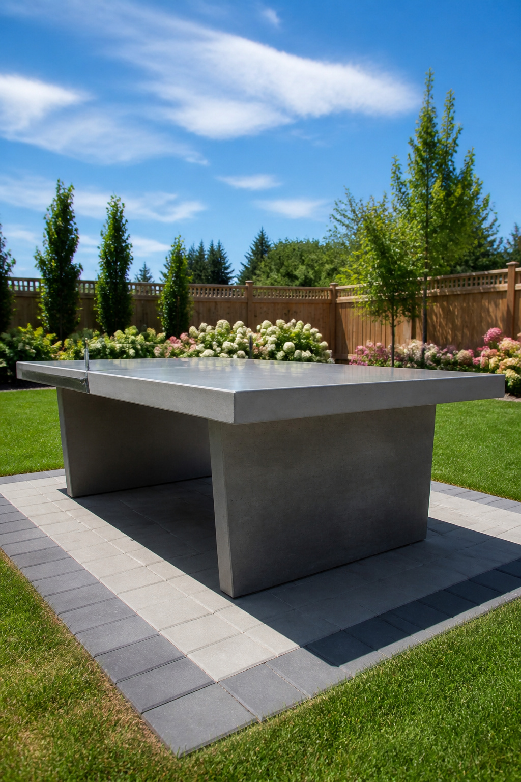 Concrete game table with rebar and a polished surface in a backyard.