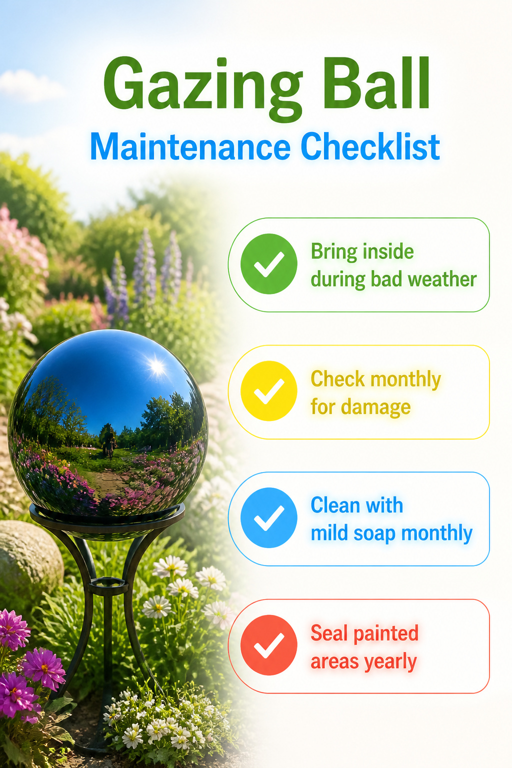 Gazing Ball Garden Ideas: Styles, Placement and DIY Options (2026) 5 Maintenance checklist for gazing balls in a garden.