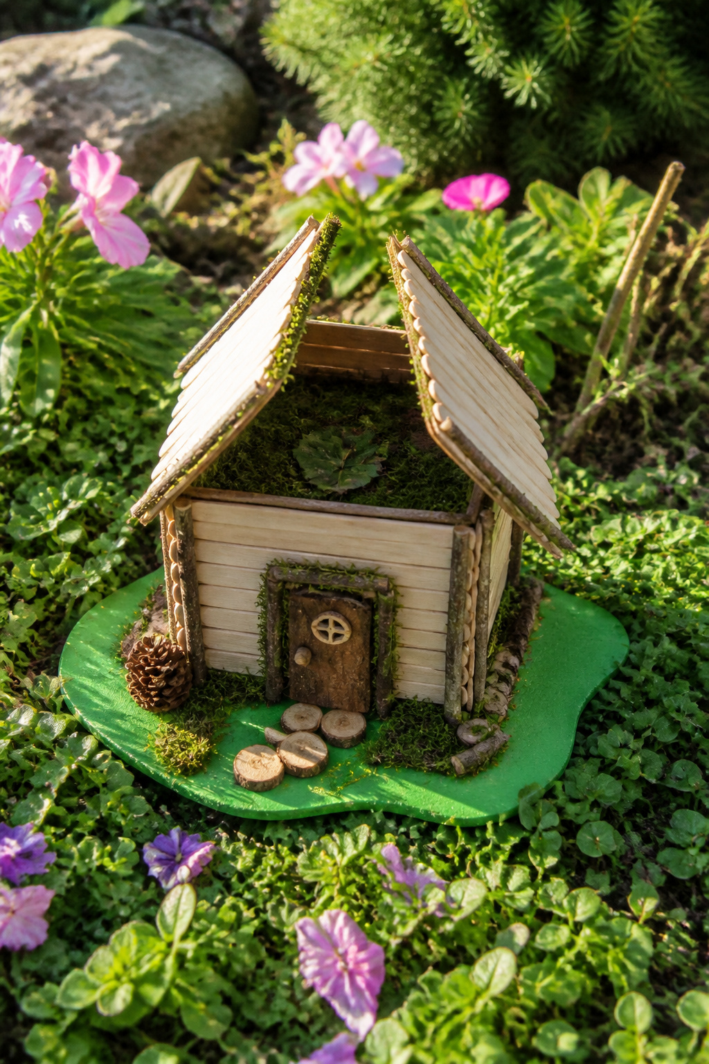 DIY Garden Fairy House: 20 Ways to Build One 5 Popsicle stick fairy house surrounded by greenery and flowers.