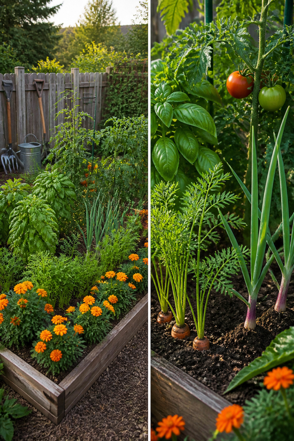 Tomatoes and basil planted together in a vegetable garden.