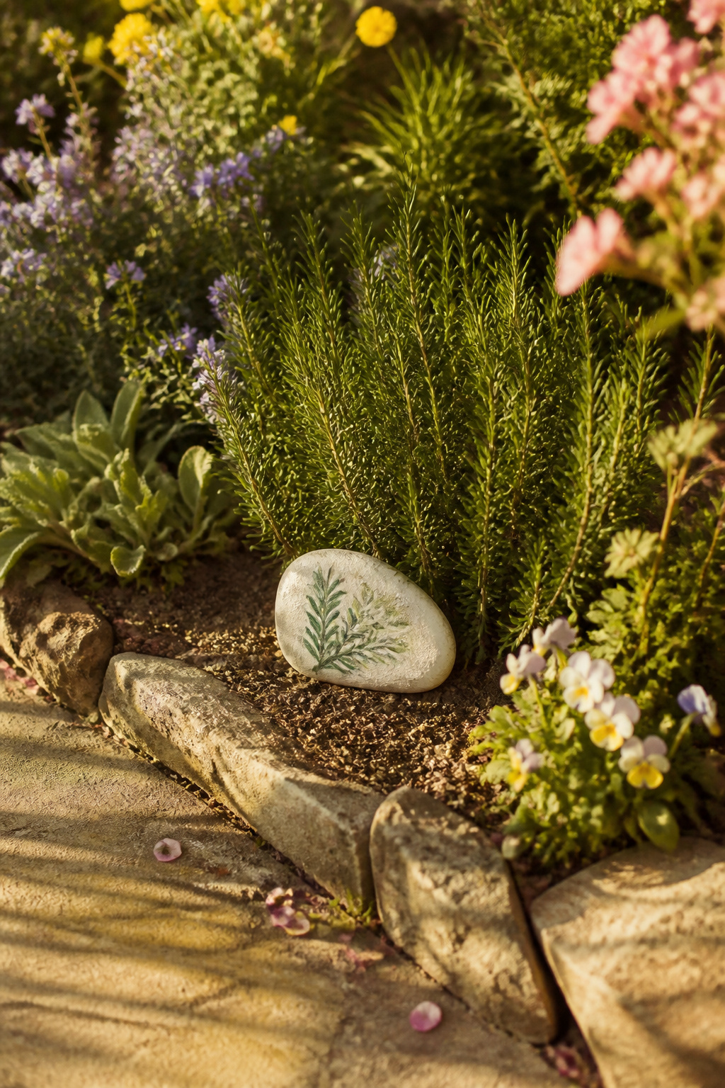 12 Yard Decorations DIY Projects for 2026 5 A smooth stone marker painted with the word 'rosemary'.