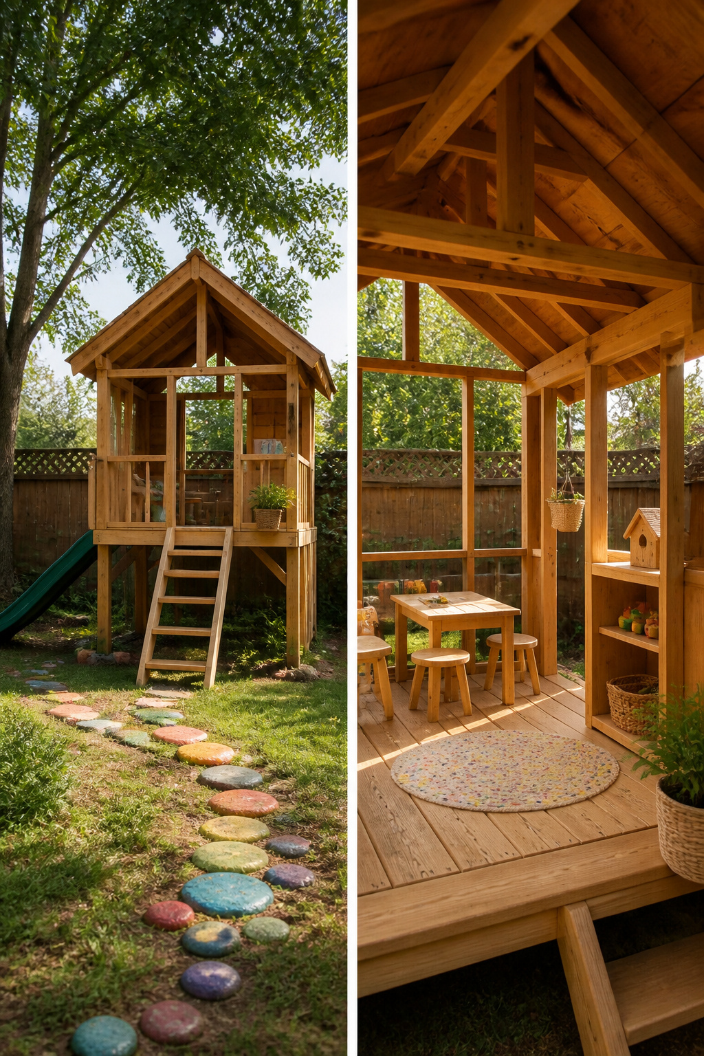 20 Outdoor Kids Play Area Ideas for Backyards in 2026 5 A wooden playhouse or fort in a backyard setting.