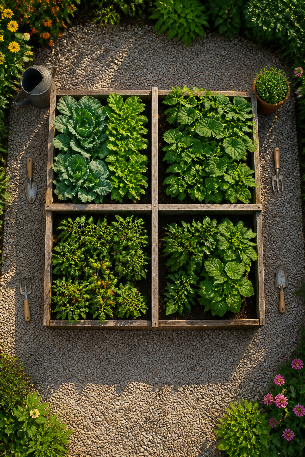 Single raised bed divided into four sections with internal frames.