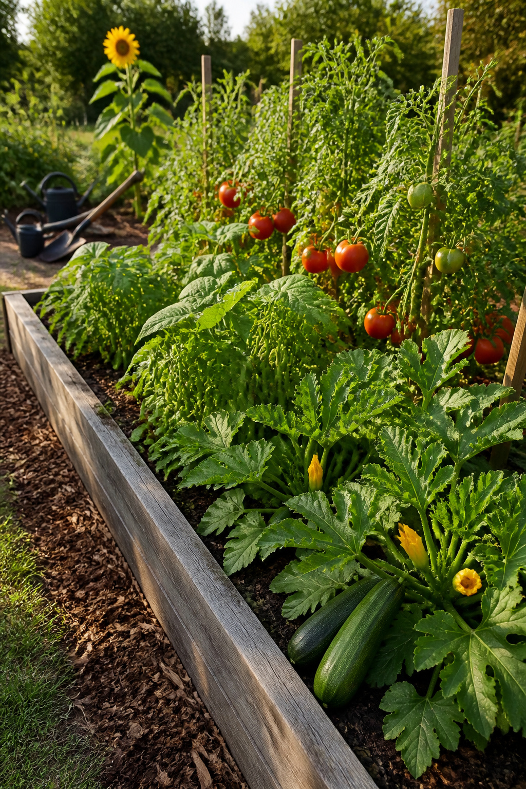 8 Easy Simple Garden Ideas for Any Yard in 2026 5 A garden bed with tomatoes, cucumbers, and bush beans growing.