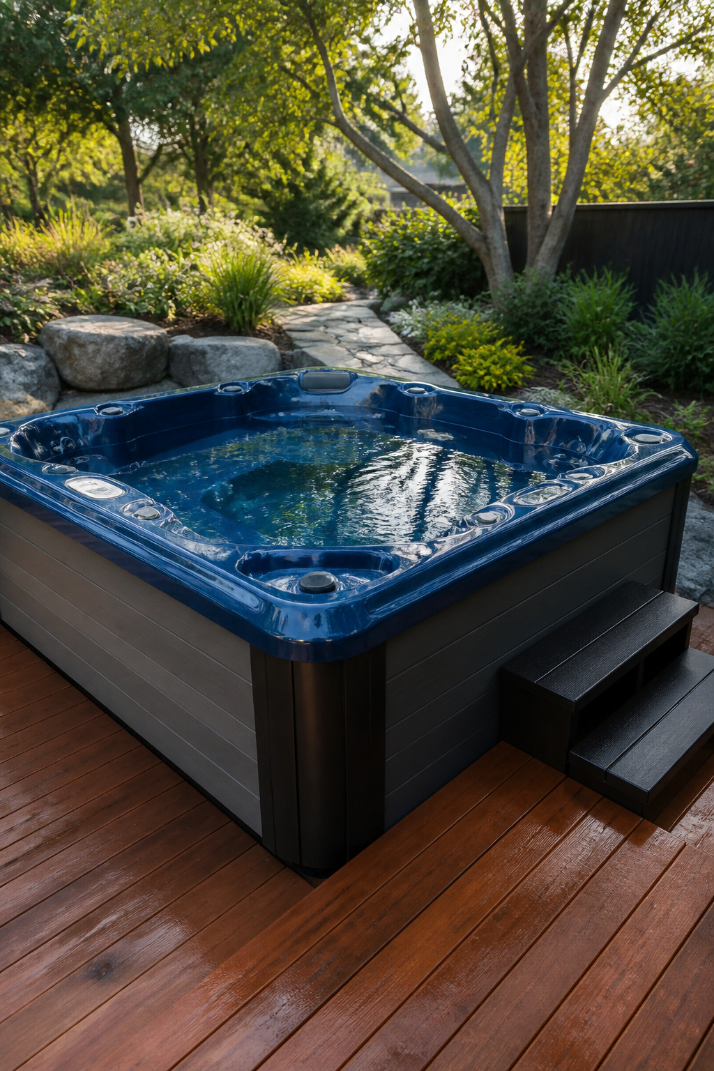 Outdoor Living Hot Tubs: 7 Brands and Styles for Your Backyard 5 Deep blue Caldera Spa surrounded by natural stone paths and gardens.