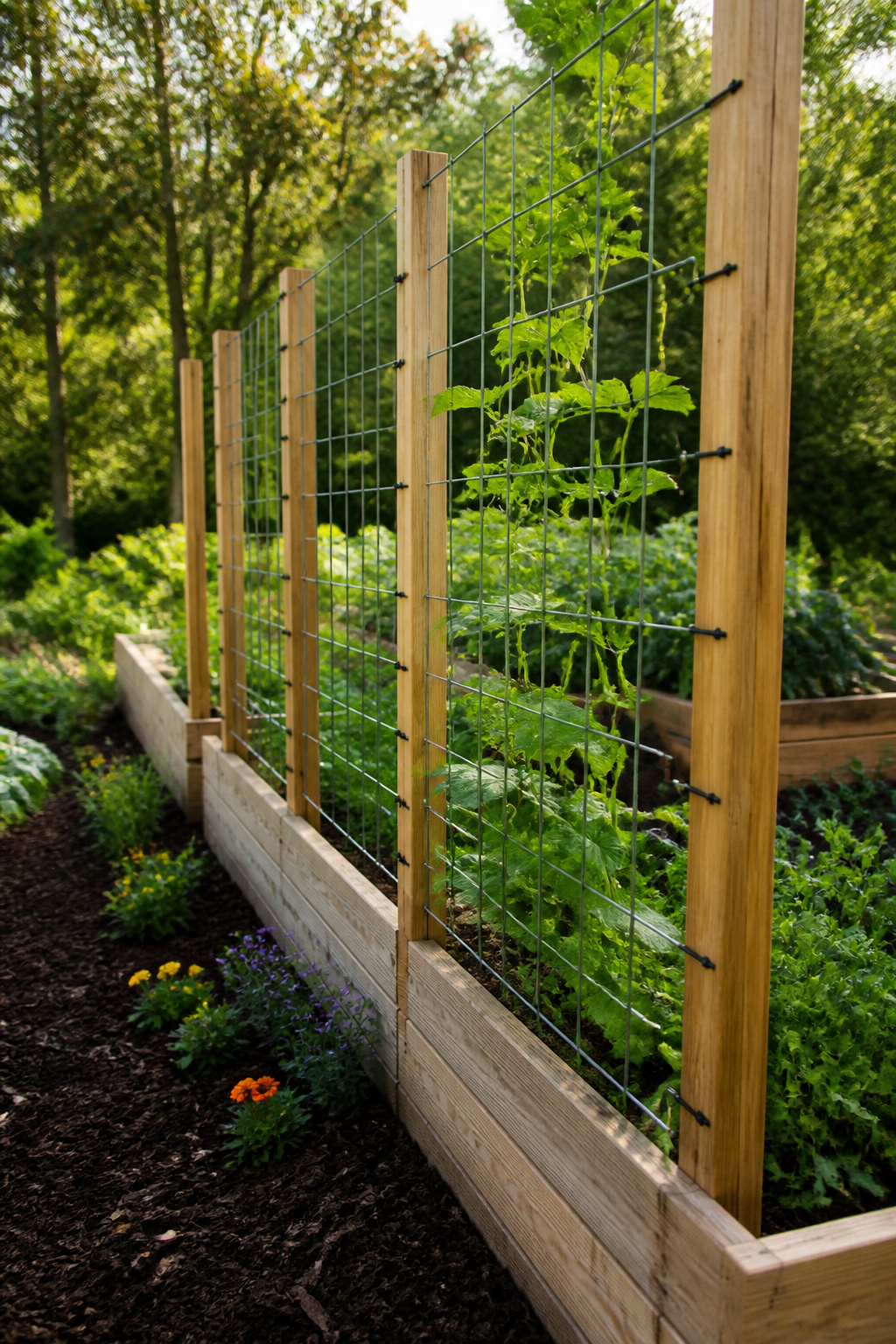 Wooden supports anchoring a wire mesh trellis to a raised bed.