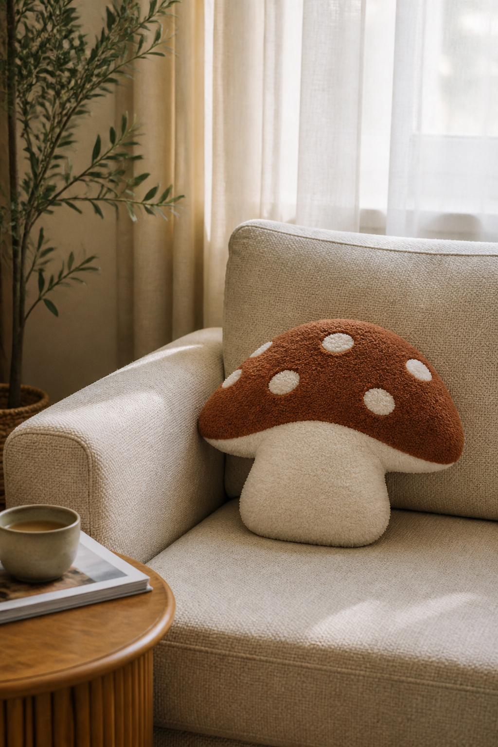 A rounded mushroom-shaped pillow resting on a sofa.