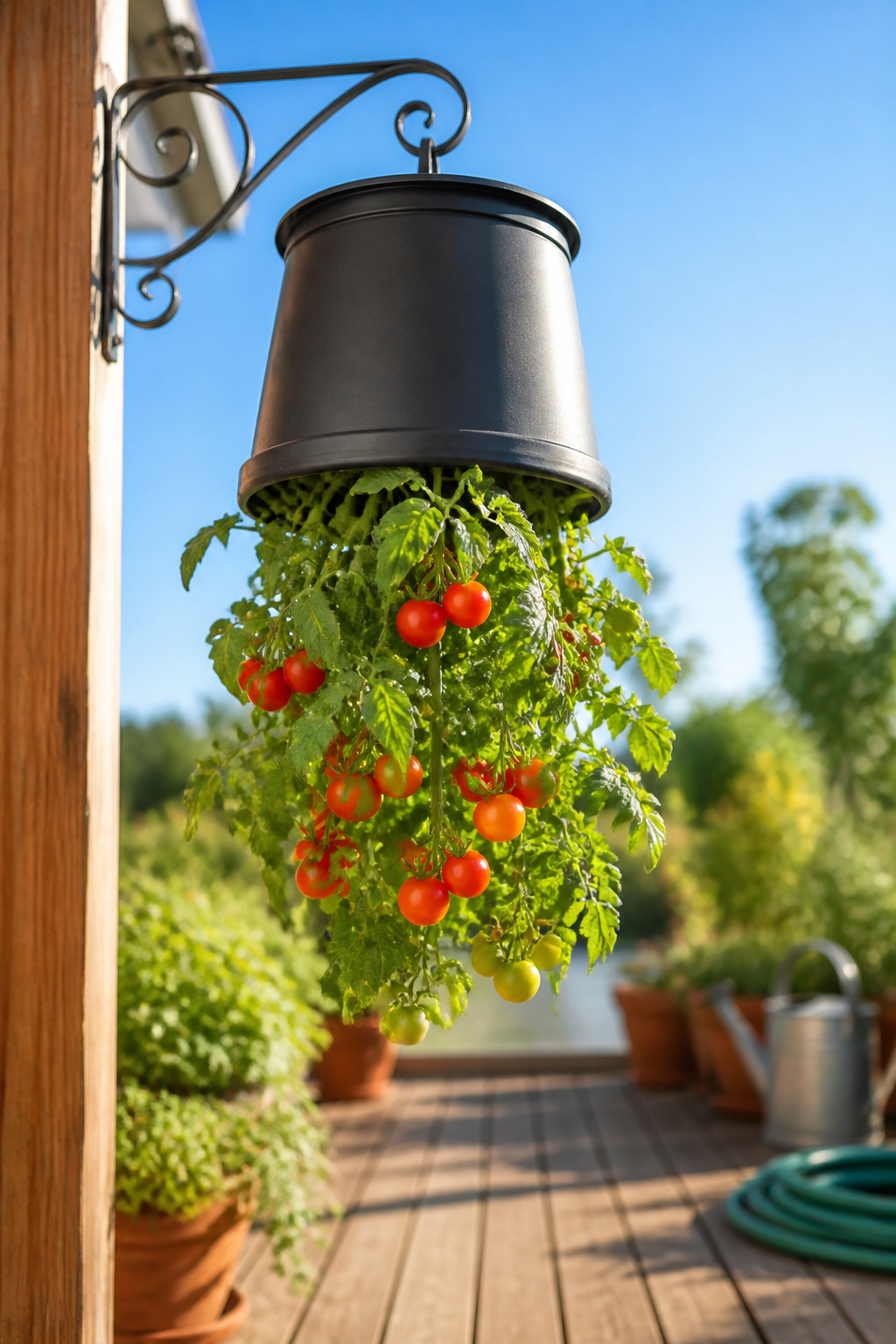 An upside-down planter with a tomato plant hanging downwards.