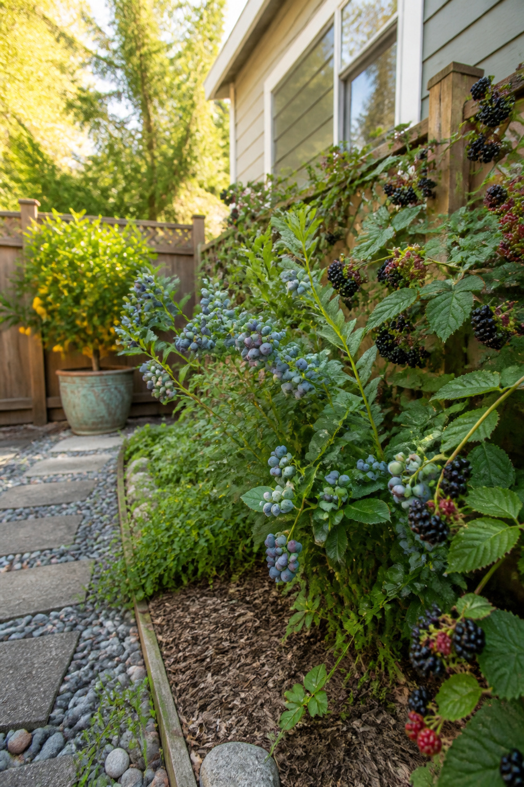 Zone 8 Gardening Guide: Vegetables, Herbs, Flowers, Fruits, Perennials & Care 5 Blueberry bush, blackberry canes, and citrus trees in a garden.