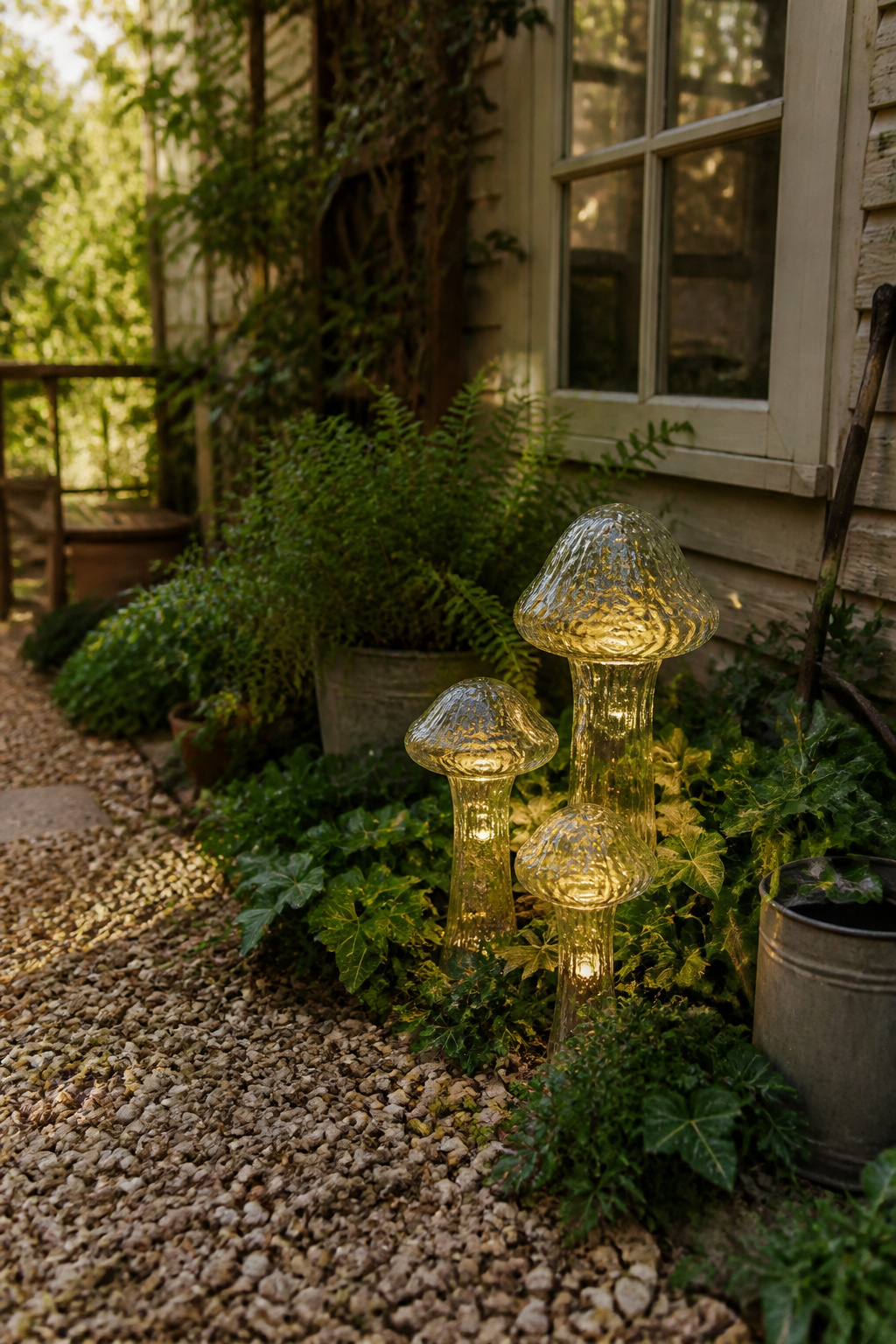Thrifted glass vases and jars arranged as mushroom caps with solar lights.