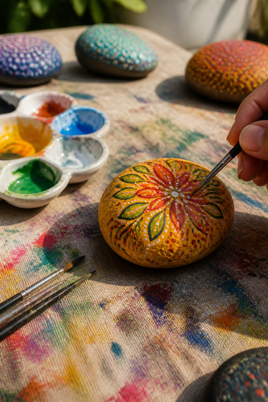 Painted garden rocks with colorful designs on a surface.
