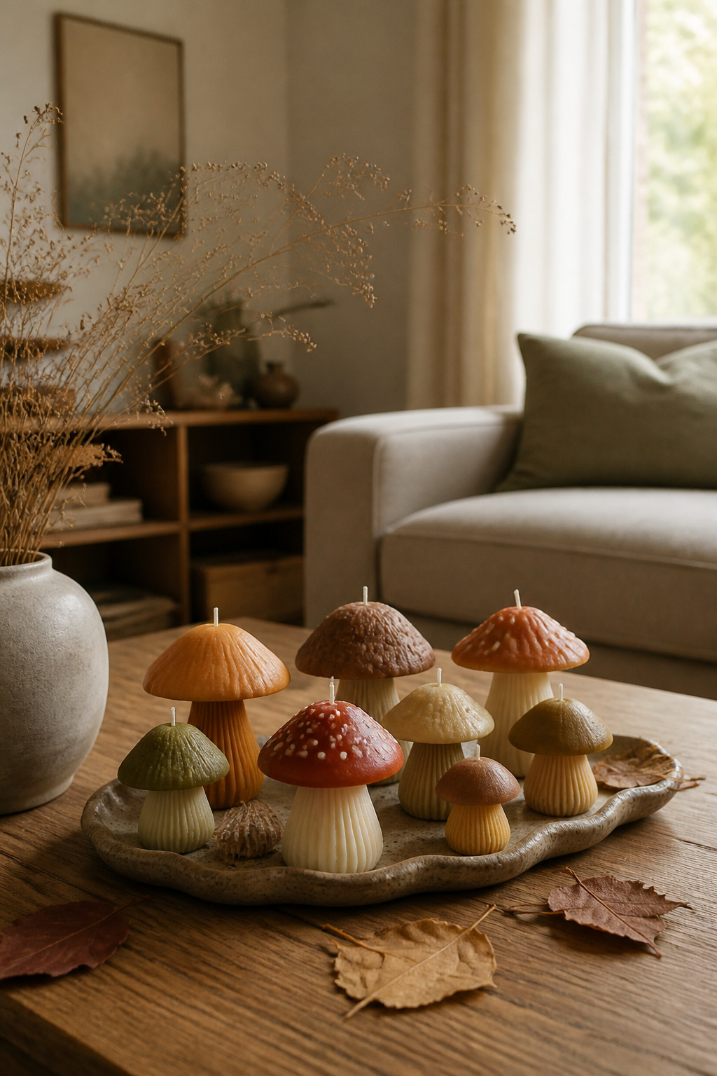 A collection of mushroom candles arranged on a coffee table.