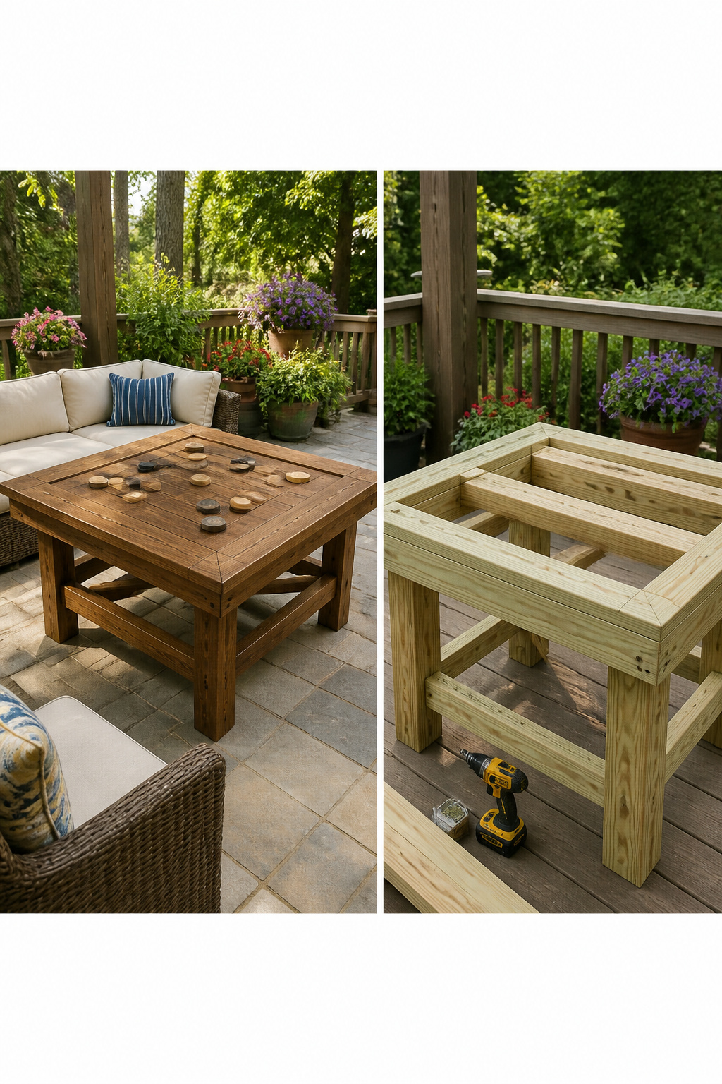 Homemade outdoor game table constructed with treated lumber and plywood.