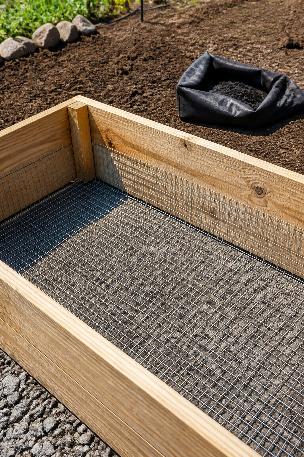 How to Build Raised Garden Beds: 8 Steps for a DIY Raised Bed Garden in 2026 6 Close-up of hardware cloth installed at the bottom of a raised bed.