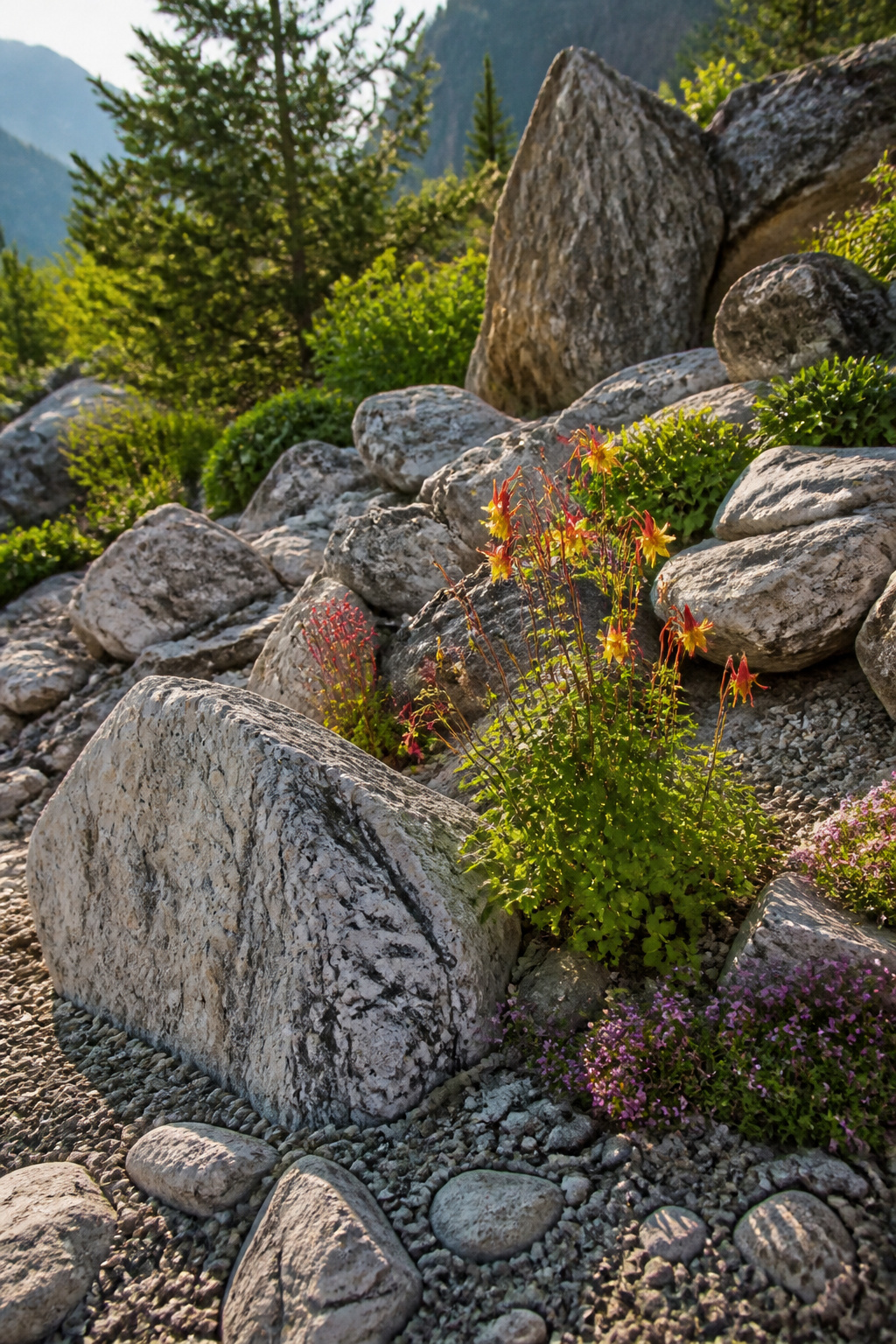 Rocky alpine garden featuring boulders and colorful flowers.