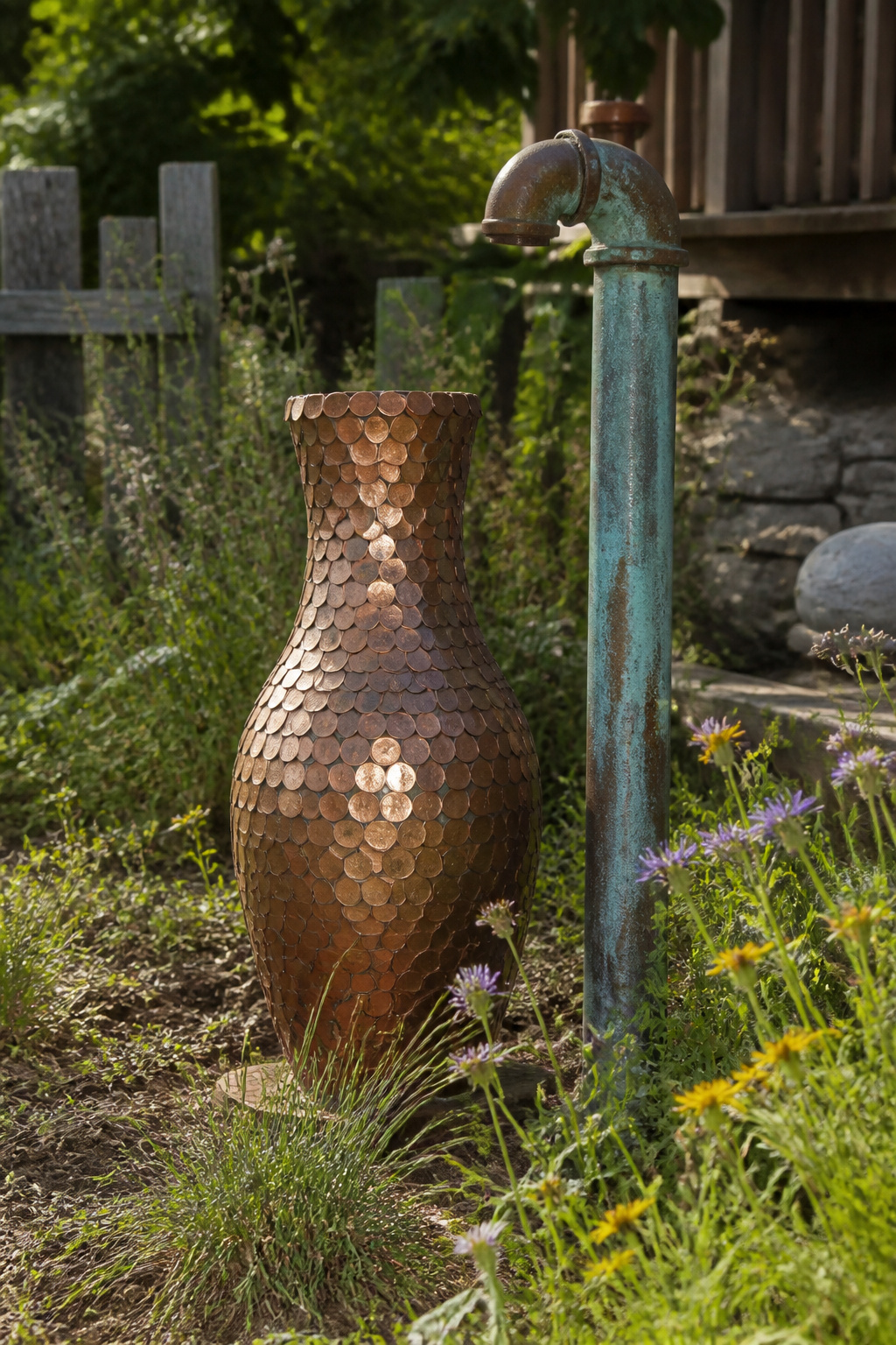 Gazing Ball Garden Ideas: Styles, Placement and DIY Options (2026) 6 Gazing ball covered in pennies beside a copper pipe.