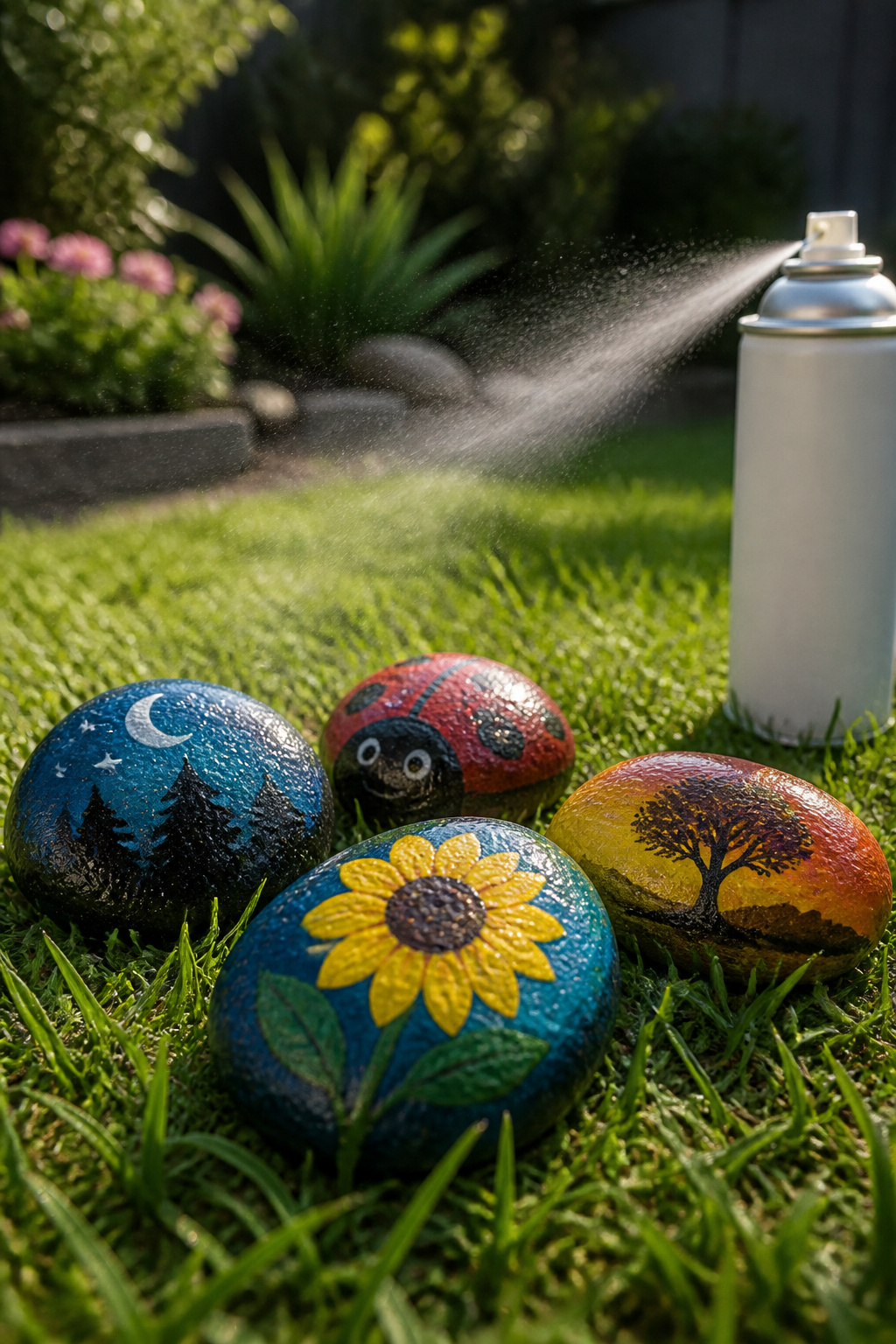 Painted stones being sprayed with sealant in a grassy area.