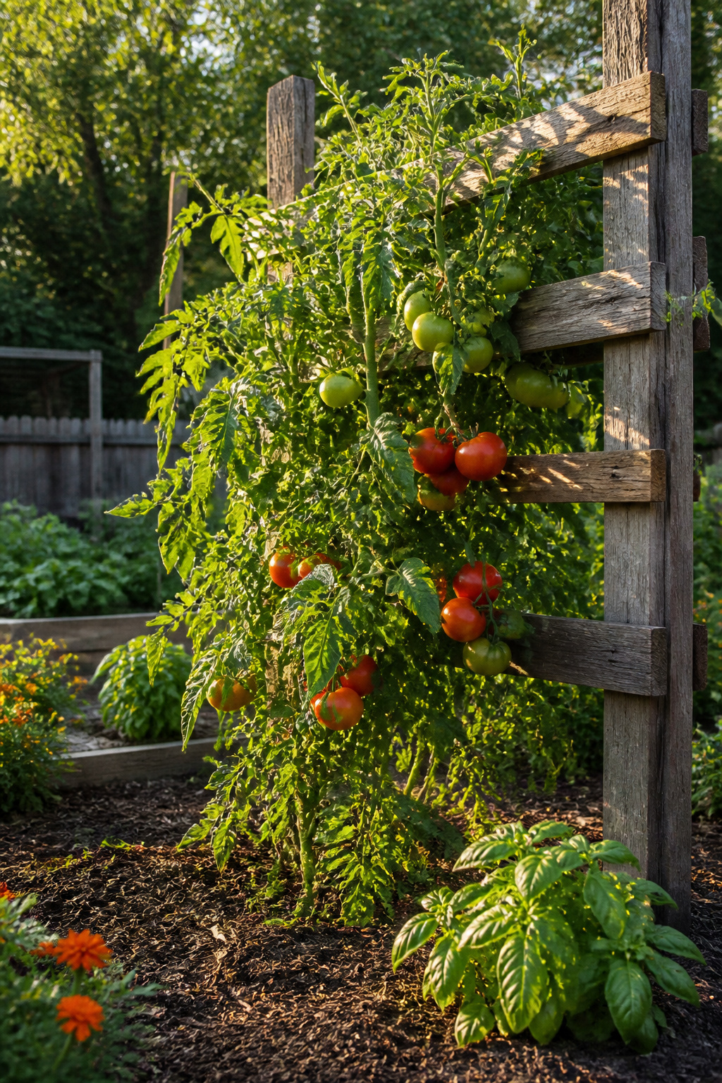 A tomato plant supported by stakes and trellis for optimal growth.