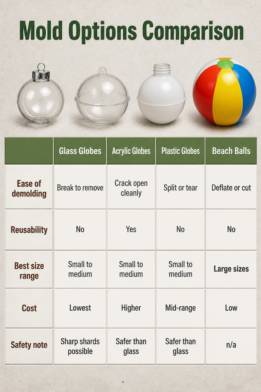 DIY Concrete Garden Orbs: A Step-by-Step Guide for 2026 6 A comparison chart of different mold options for concrete orbs.