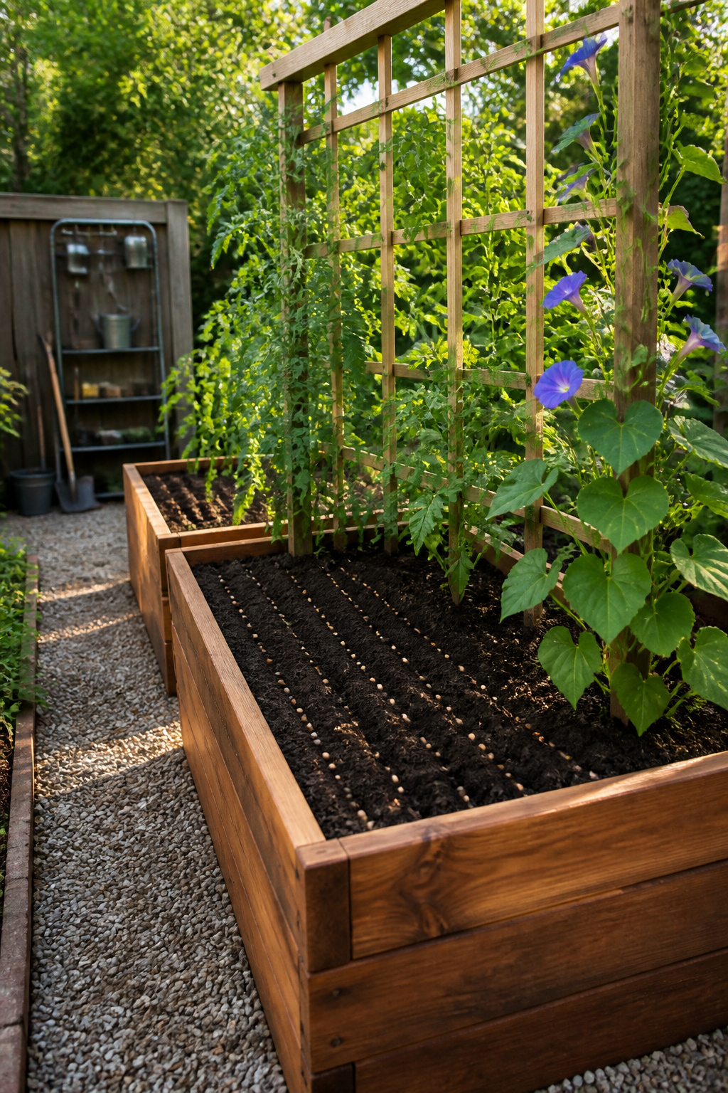 Photograph of a raised garden bed filled with soil.