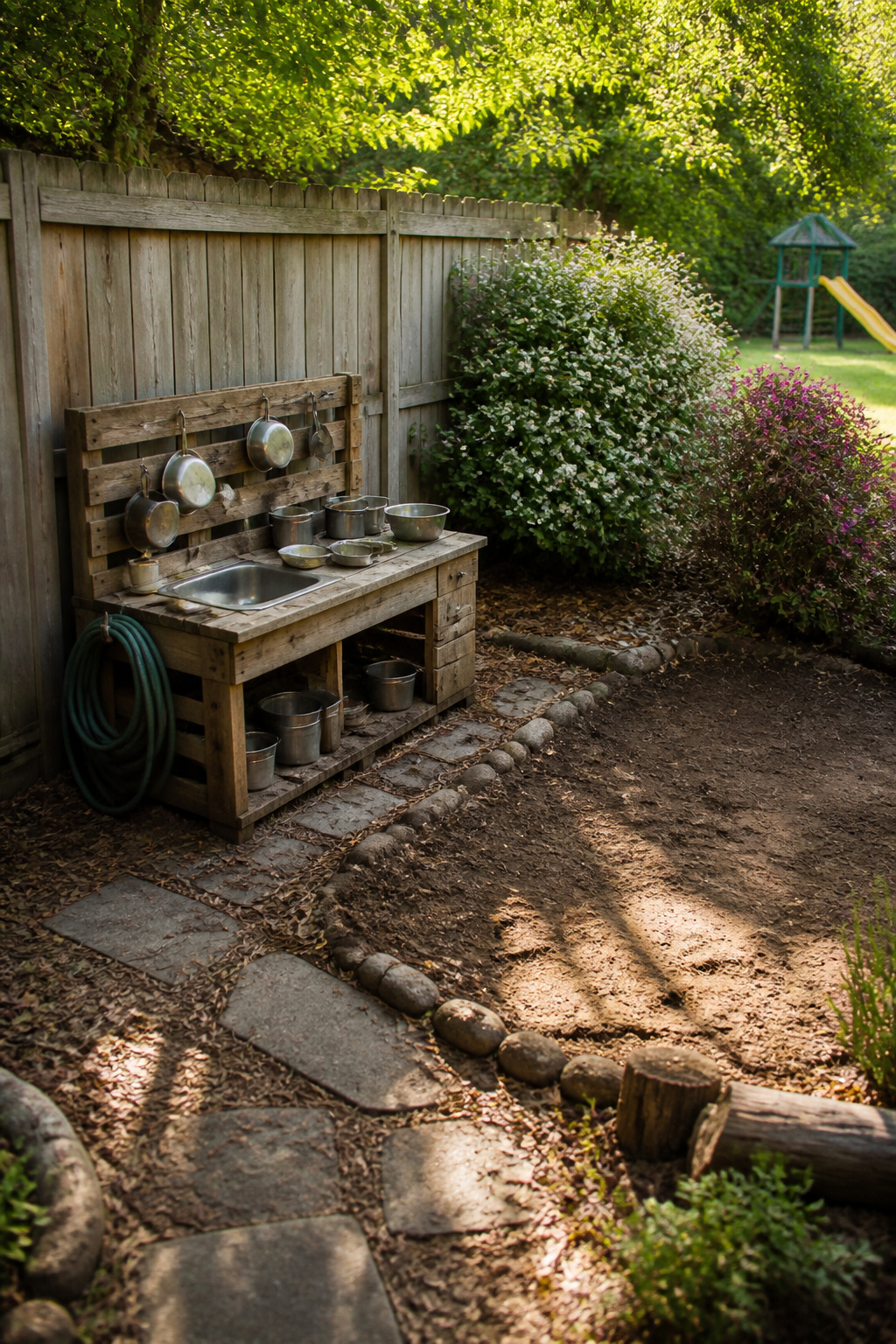 20 Outdoor Kids Play Area Ideas for Backyards in 2026 6 A mud kitchen setup with an old sink and pallets in a yard.