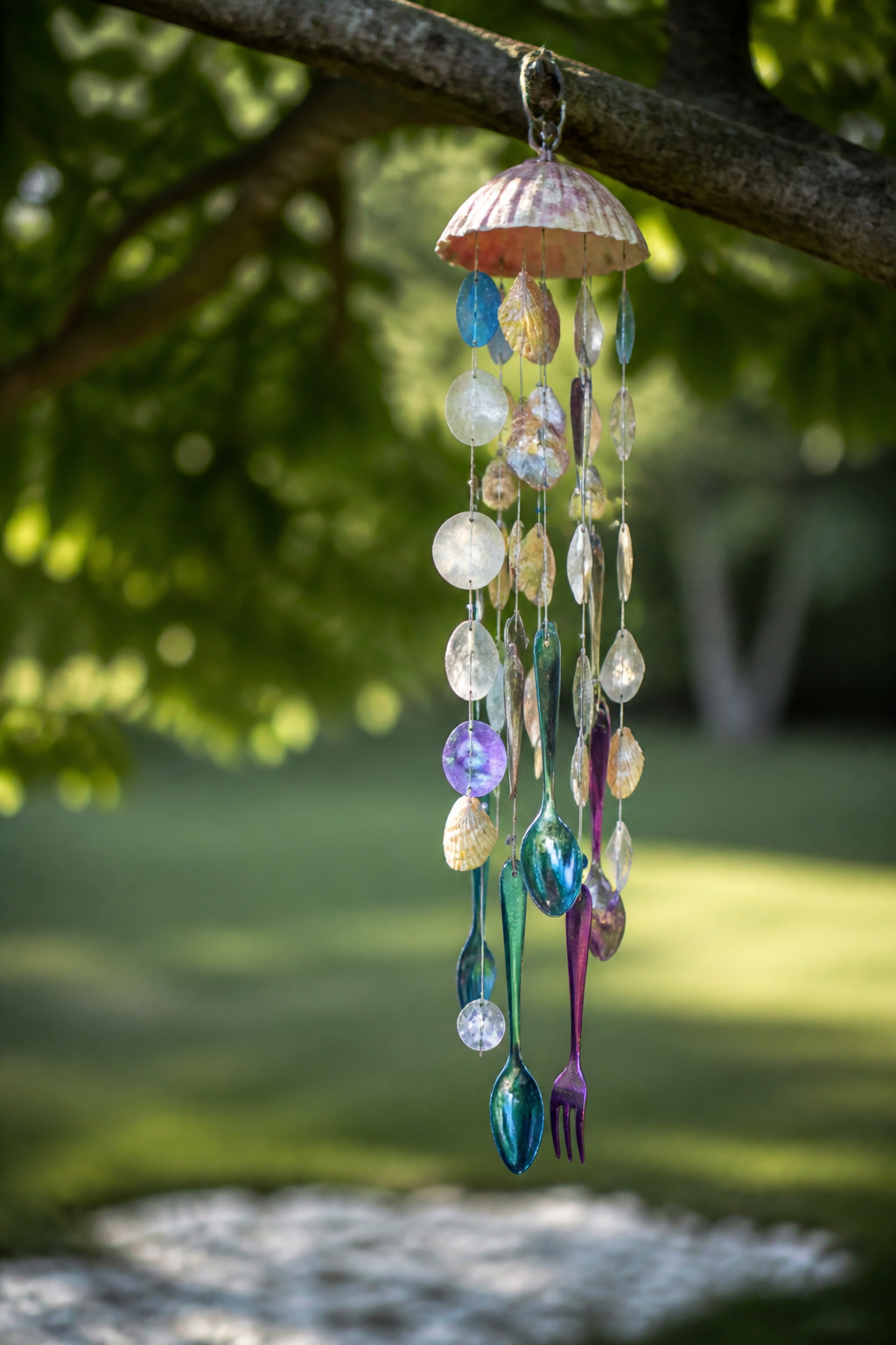 12 Yard Decorations DIY Projects for 2026 6 A handmade wind chime created from shells and driftwood.