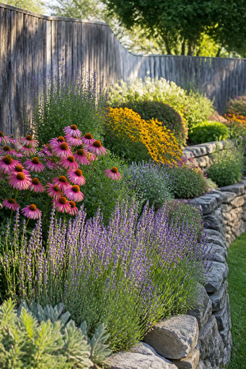 Zone 8 Gardening Guide: Vegetables, Herbs, Flowers, Fruits, Perennials & Care 6 Perennial lavender and echinacea flowers in a garden bed.