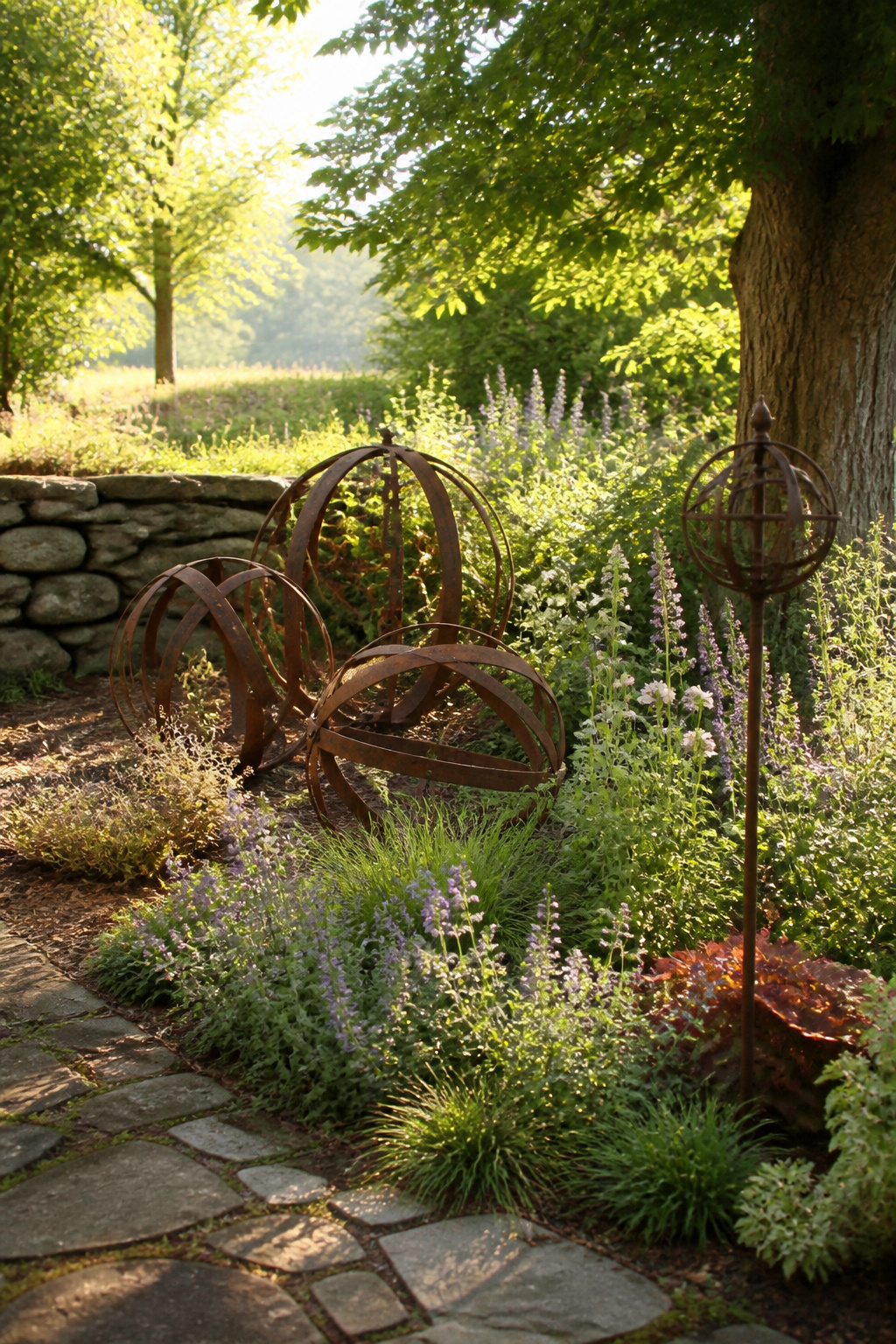 A garden globe made from bent wine barrel hoops.