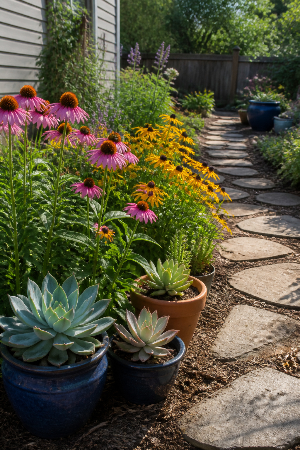 8 Easy Simple Garden Ideas for Any Yard in 2026 6 Perennials and succulents including coneflowers and black-eyed Susans in a garden.