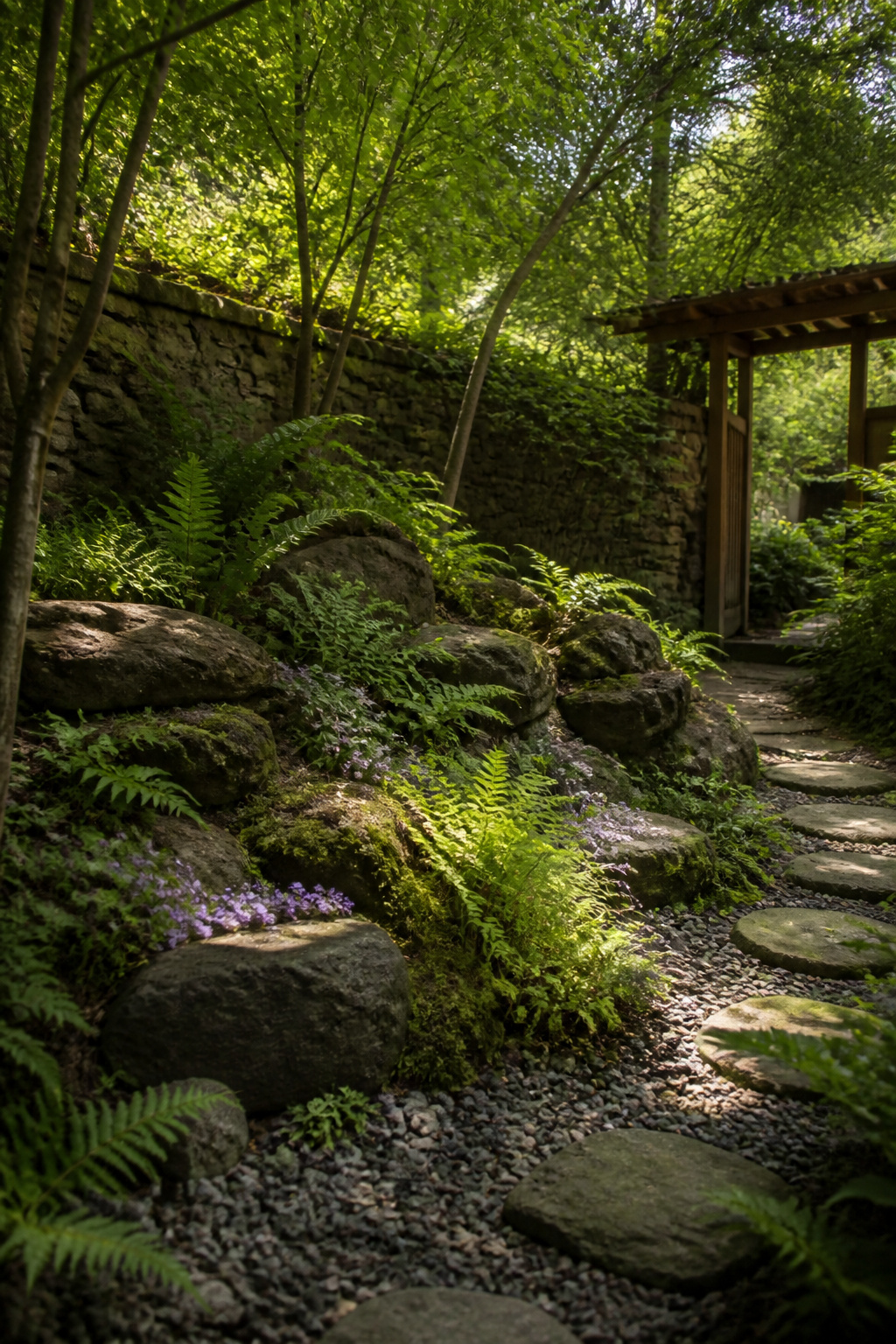 Shaded rock garden with boulders, ferns, and hostas.