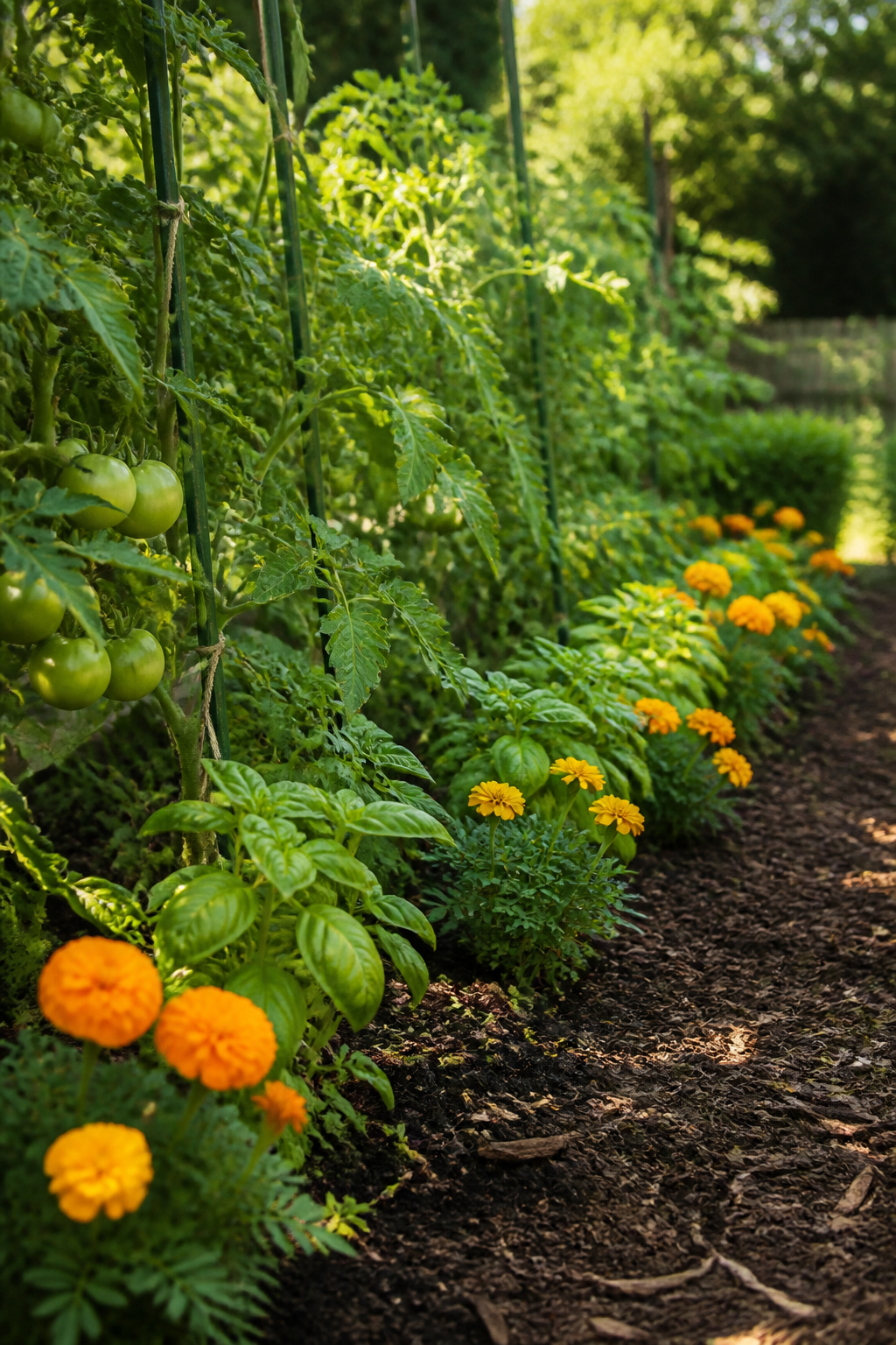 A garden bed with tomatoes, basil, and marigolds thriving together.