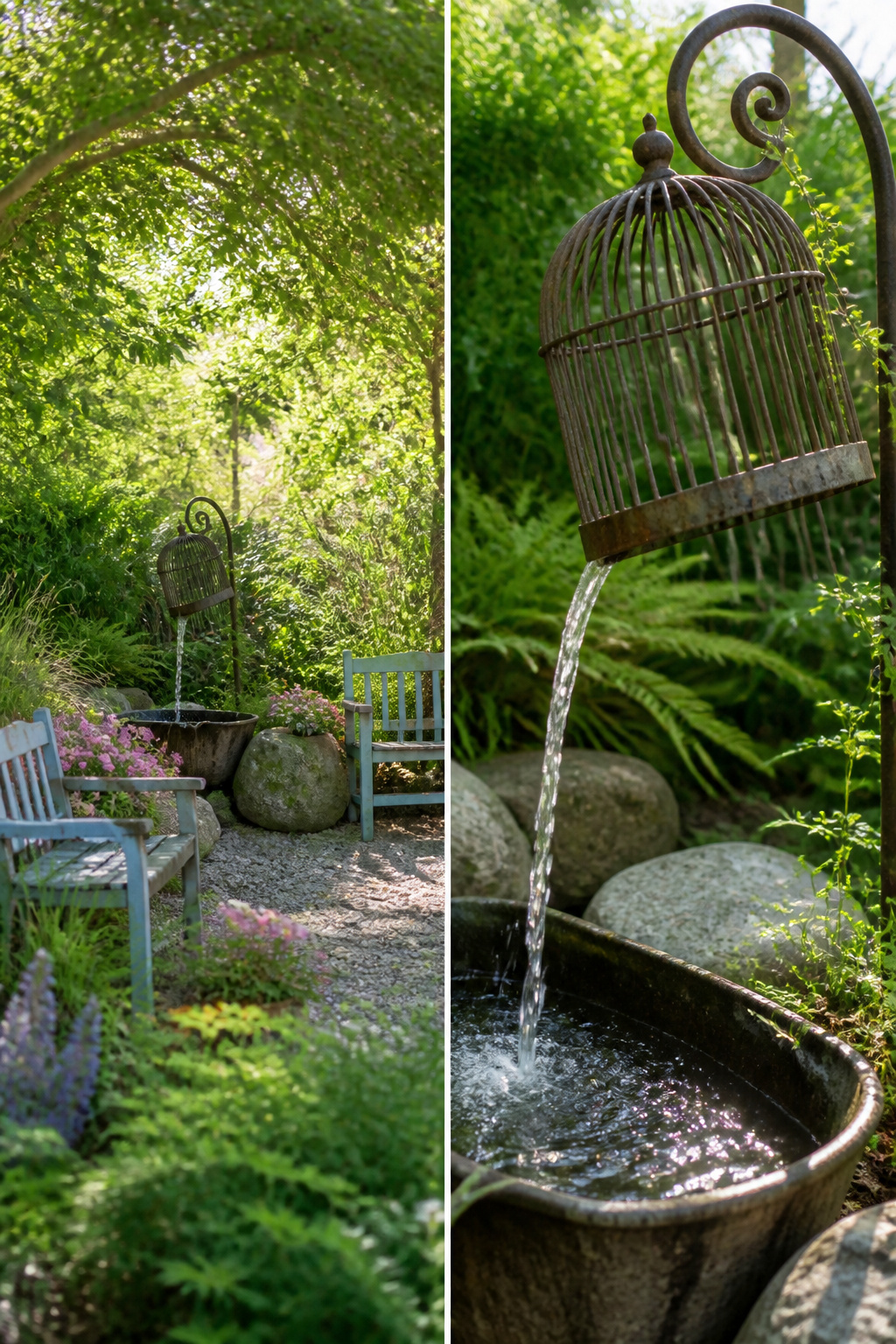 9 Whimsical Garden Ideas: Texture, Color, Light & Art for 2026 7 A simple birdbath with large stones inside for birds to perch.
